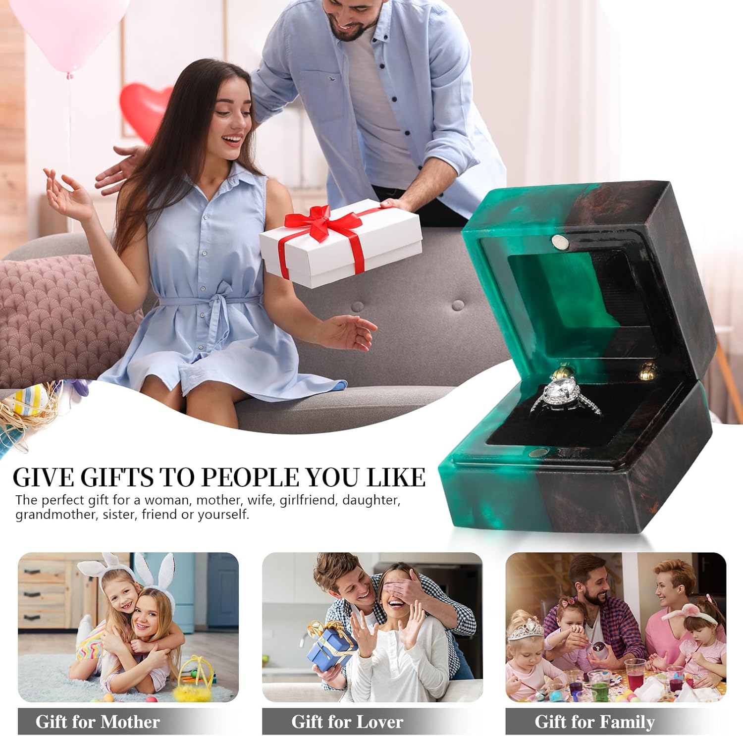 Wedding Ring Box, Engagement Ring Box with Single Slot Handcrafted Stabilized Wood and Resin Jewelry Box for Proposal Wedding Ceremony, Jewelry Organizer Elegant and Retro Ring Holder Box(Green)