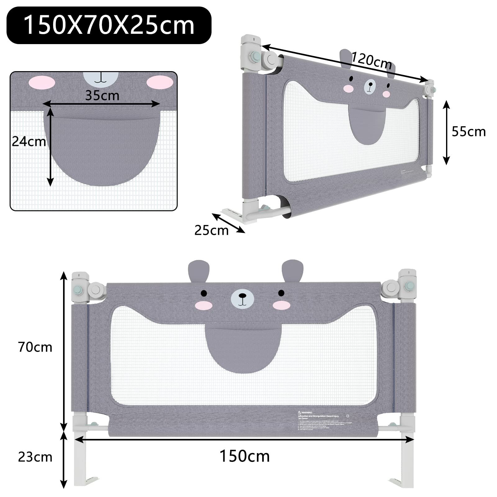 UISEBRT Barriera per Letto Bambini 150 cm, Protezione Dalle Cadute Accidentali, Altezza Regolabile, per Letto di Famiglia e Lettino, Grigio