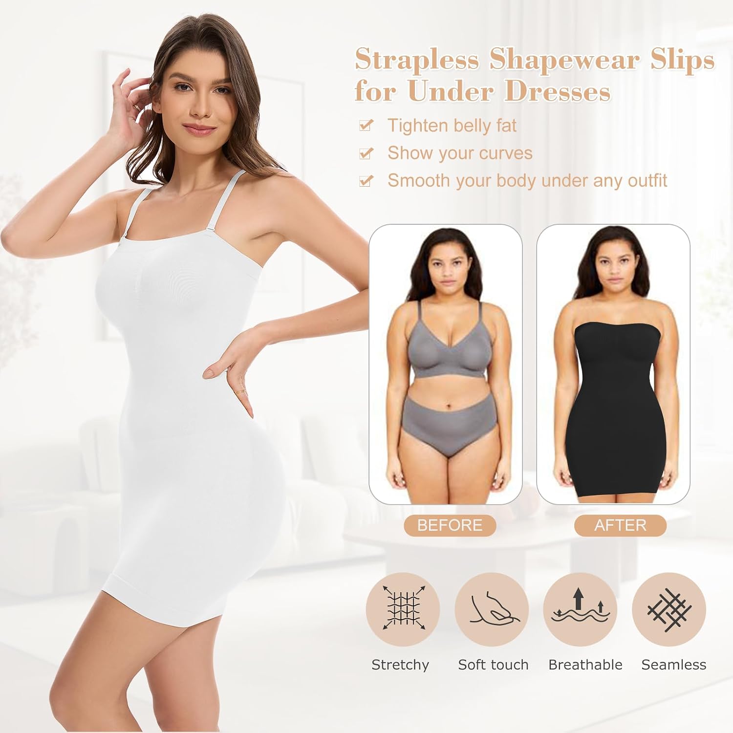 Strapless Shapewear Slips for Under Dresses Tummy Control Shapewear Dress Slip Seamless Slimming Body Shaper