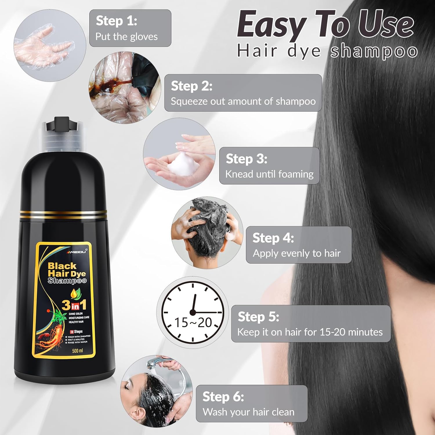 MEIDU Shampoo Shop Black Hair Dye Shampoo 3 in 1 for Gray Hair, Black Hair Dye for Women Men, Hair Color Herbal Ingredients Natural (500ml,16.9oz) - Image 4