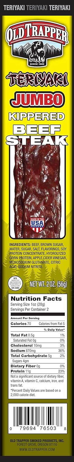 Old Trapper Teriyaki Kippered Beef Steak | Traditional Style Real Wood Smoked Snacks | Healthy Protein Packed Snacks | 2 Ounce (Pack of 12)