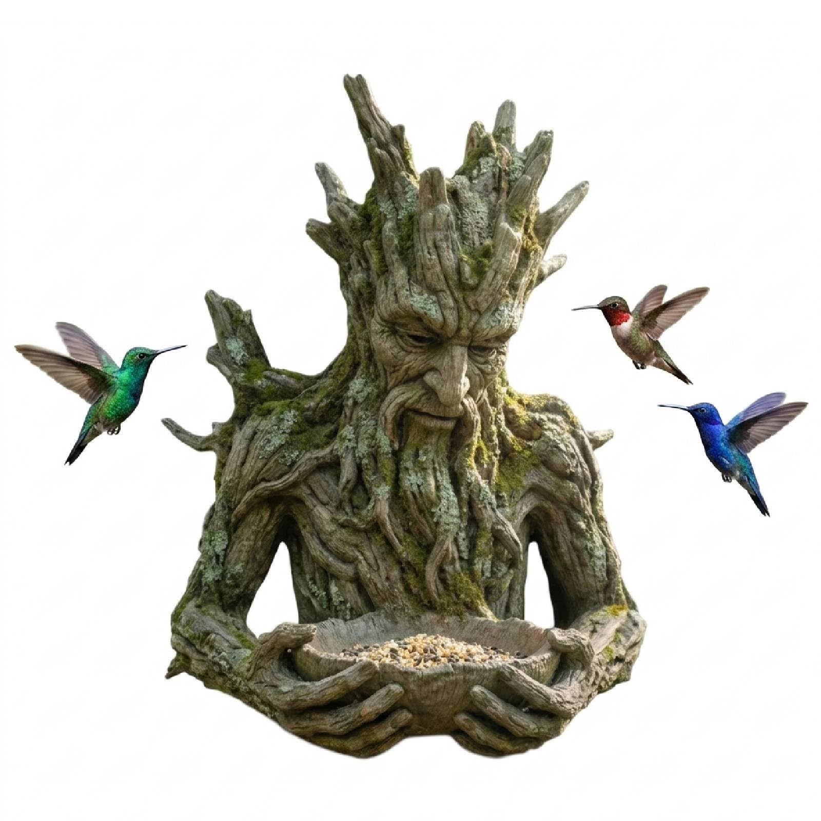 Outdoor Tree-integrated Bird Feeder Sculpture, Wall Mounted Green Man Resin Ancient Tree Design Hanging Bird Feeders Garden Ornaments for Yard, Fence, Patio & Gardens, Fairy Garden Decor