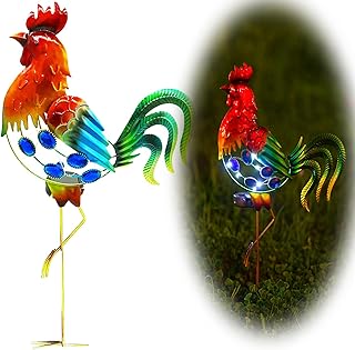 GDF 20" Chicken Decor - Outdoor Rooster Decor Solar Lights -Metal Rooster Garden Decorations for Yard Pathway Lawn Patio Courtyard , Gifts for Her/Him.
