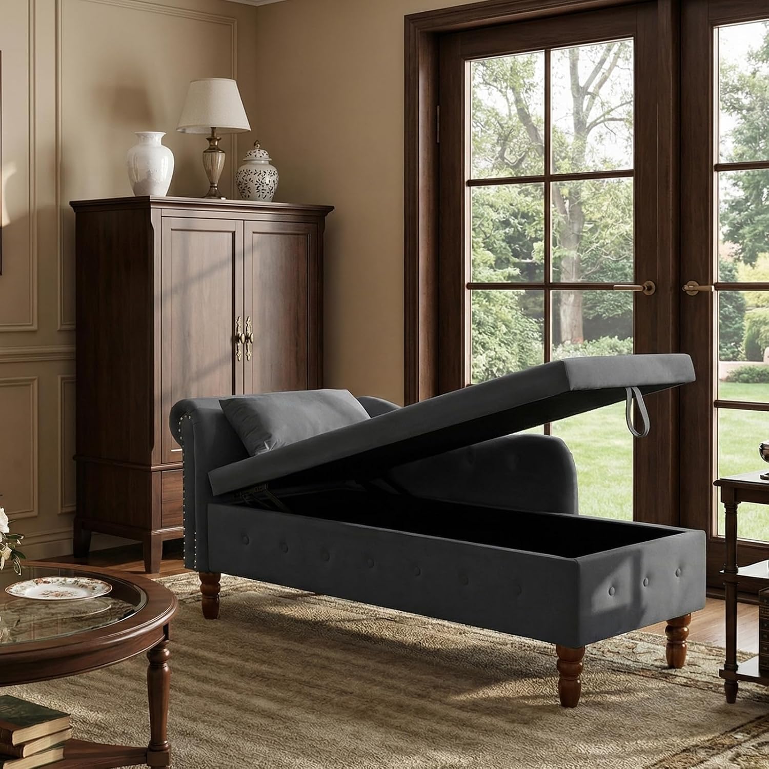 Velvet Chaise Lounge Indoor with Storage, Button Tufted Design Reclining Chair with 1 Pillow and Nailhead Trim,Sleeper Sofa for Bedroom, Living Room or Office (Blcak)