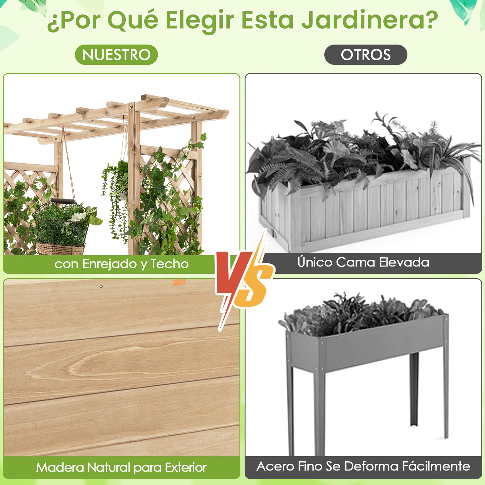 COSTWAY Jardinera Elevado con Enrejado Arqueado, Techo Colgante, Macetero, Orificios de Drenaje, Contenedor Vertical de Plantas, Macetero de Madera Interior Exterior para Jardín Patio (Natural)