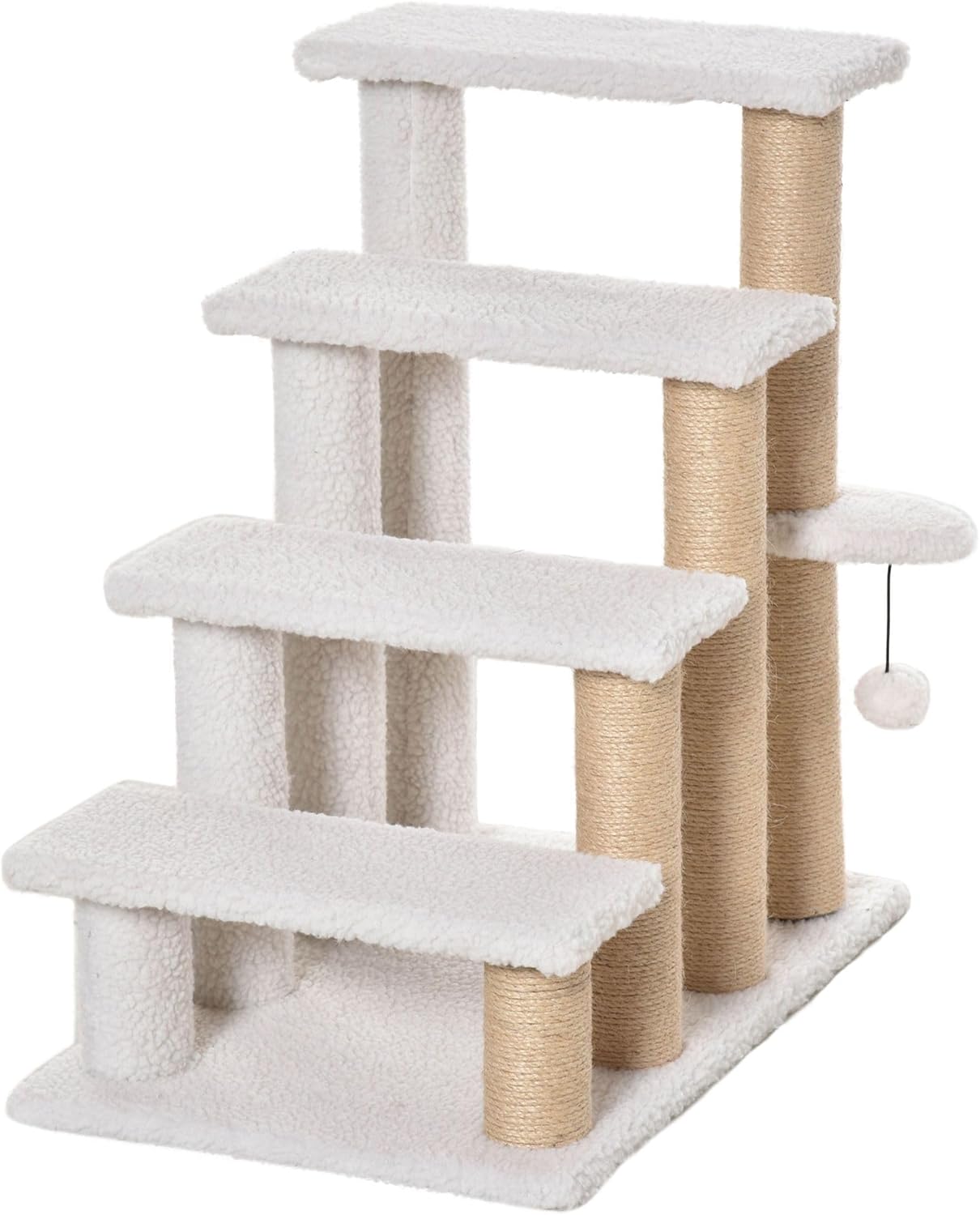 4Level Compact Pet Ladder Steps for Cats with Thick Carpeted Surface, Scratching Point, Hanging Play Ball, Solid Safety, White