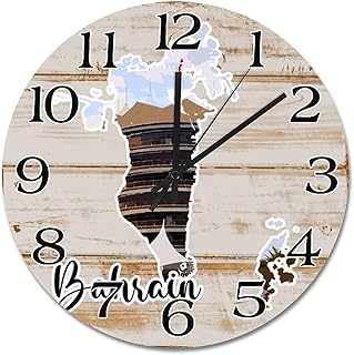 Bahrain Landmark Wall Clock Bahrain Map Tourist Attraction Wooden Wall Clocks Battery Operated 15 Inch Silent Travel Hanging Clock for Bedroom Living Room Farmhouse Wall Decor