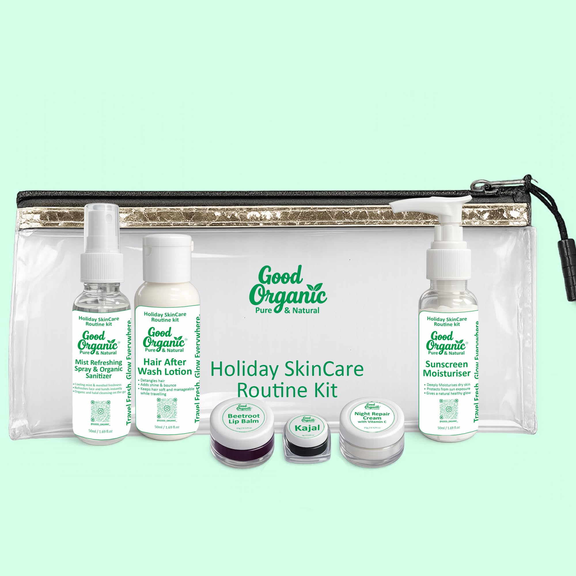 Good Organics Travel Combo Kit for Skin & Hair Care | 50 ml Sunscreen Moisturiser, 55 ml Hair After Wash Lotion, 45 ml Refreshing Mist Sanitizer | 15g Night Repair Cream, 8g Beetroot Lip Balm & 4g Organic Kajal | Complete Compact Travel Essentials Kit With Premium Zipper Bag. (Pack of 1)-image-9