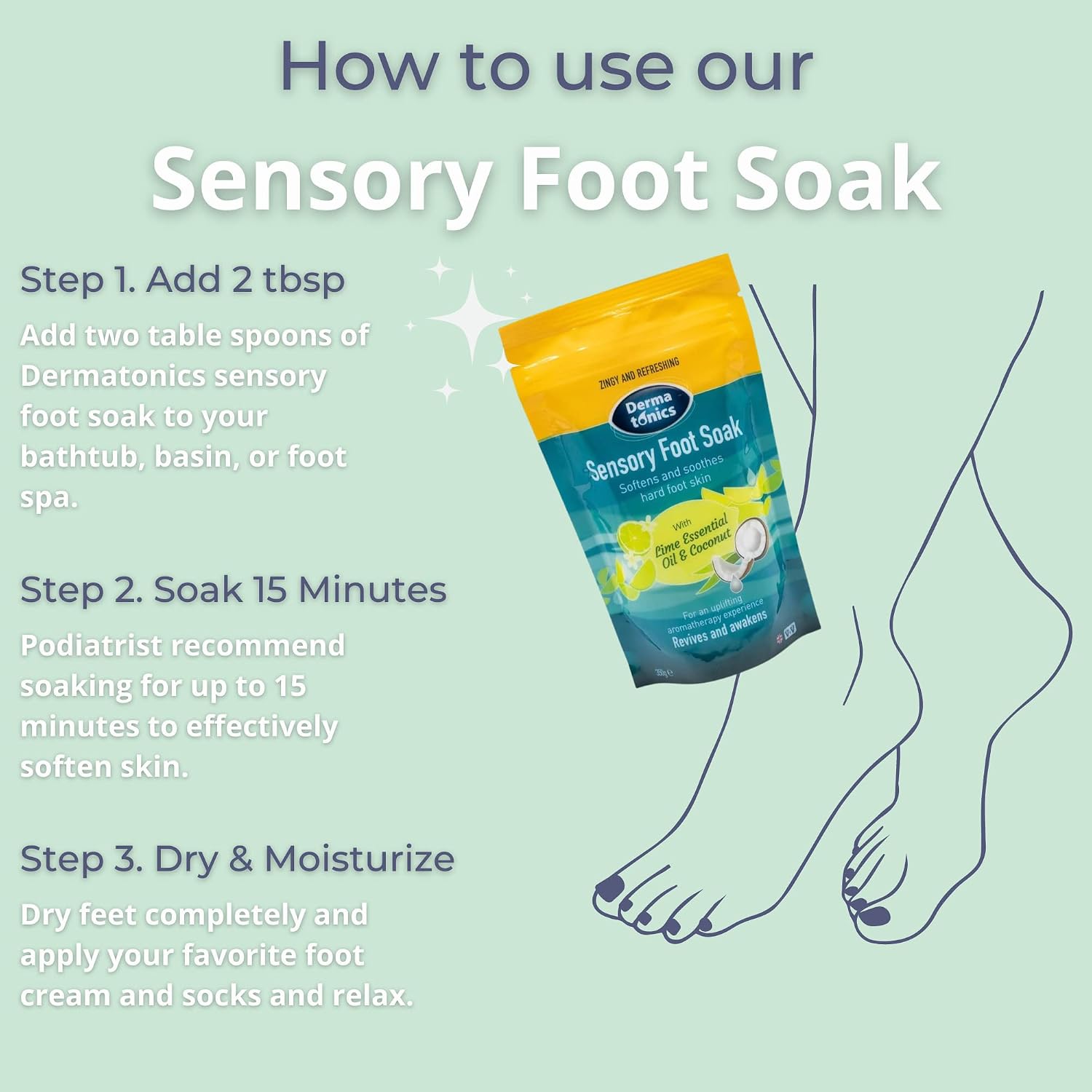 Dermatonics Sensory Foot Soak | Softens and Soothes Hard Foot Skin | With Lime Essential Oil and Coconut | Revives and Awakens | Suitable for Vegans | 12.35 oz