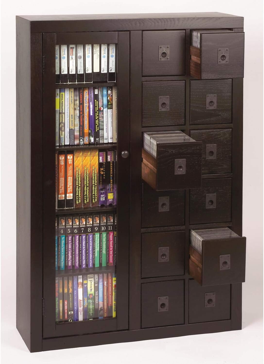 Leslie Dame Glass Door Solid Oak Multimedia Storage Cabinet, Espresso