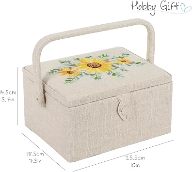 Hobby Gift Medium Sewing Box Organiser with Handle - Cotton Basket Sewing Storage Box, Craft Storage Boxes with Compartments for Tools & Accessories - 18.5 x 25.5 x 14.5cm, Sunflower