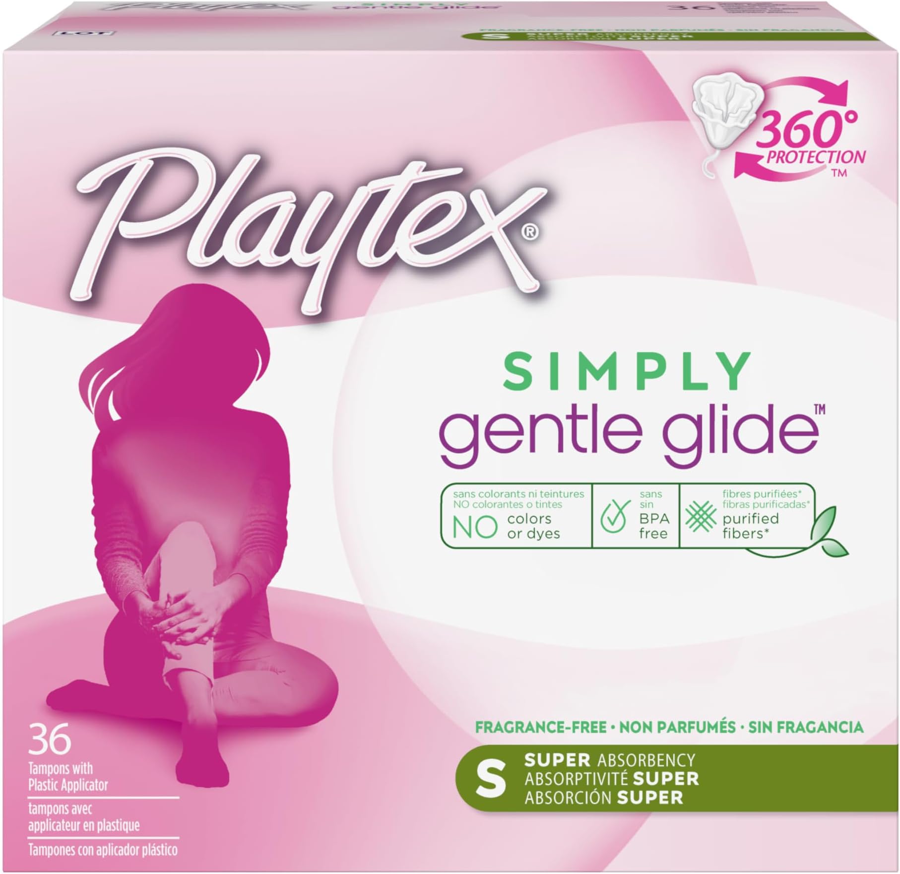 Playtex Simply Gentle Glide Tampons Super Absorbency (Packaging May Vary), White, Unscented, 36 Count