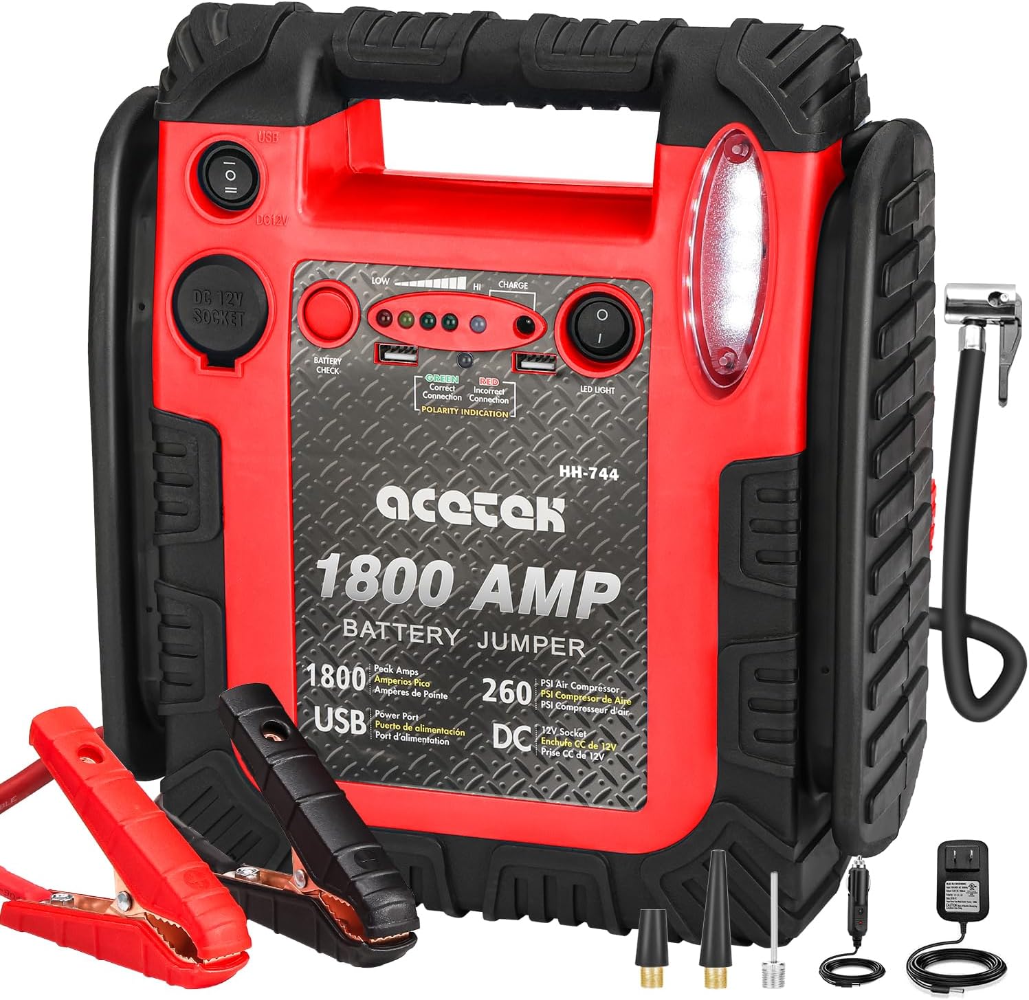 1600 Amp Jump Starter with Air Compressor, Car Battery Jump Starter 260 PSI Tire Inflator, 20000mAh 12V Auto Lead-Acid Battery Booster (Up to 6L Gas or 6L Diesel Engine) with LED Light & USB