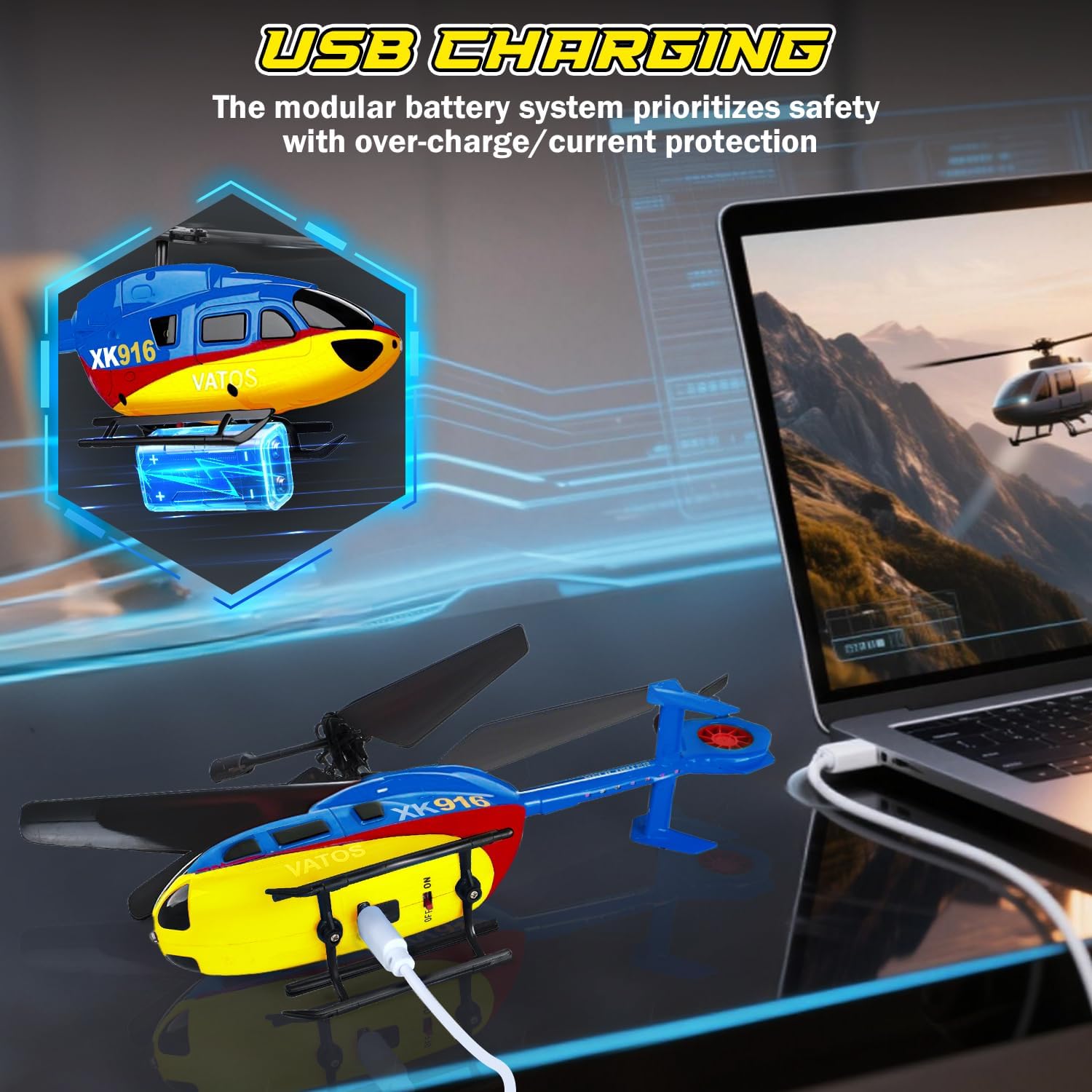 A VATOS XK916-B helicopter connected to a laptop via a USB cable for charging, illustrating the USB charging feature.