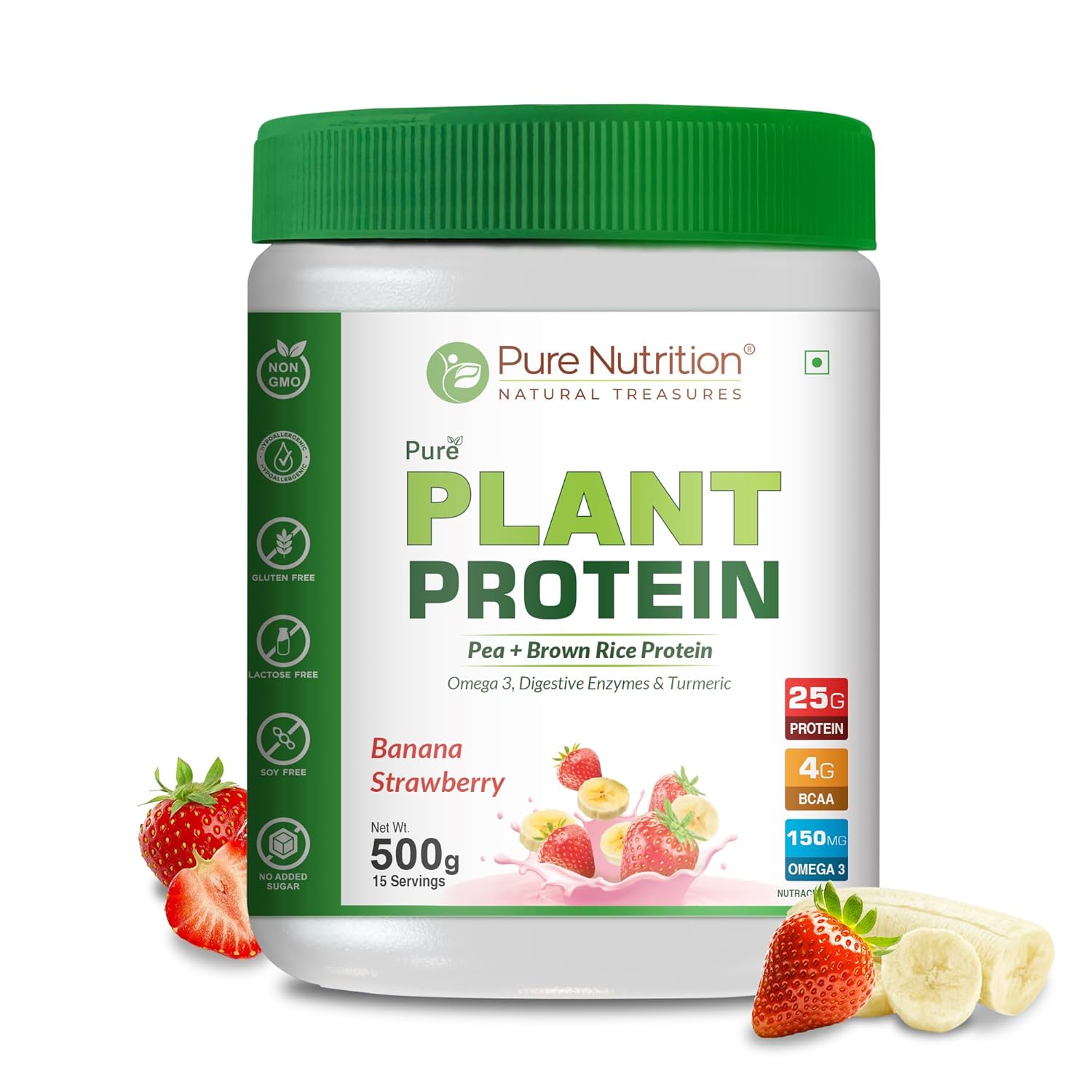 PURE NUTRITION NATURAL TREASURES Plant Protein Powder for Men,Women -Banana & Strawberry (500g) ,With Pea & Brown Rice Protein with Omega3,Digestive Enzymes & Turmeric|Plant-based,Vegan