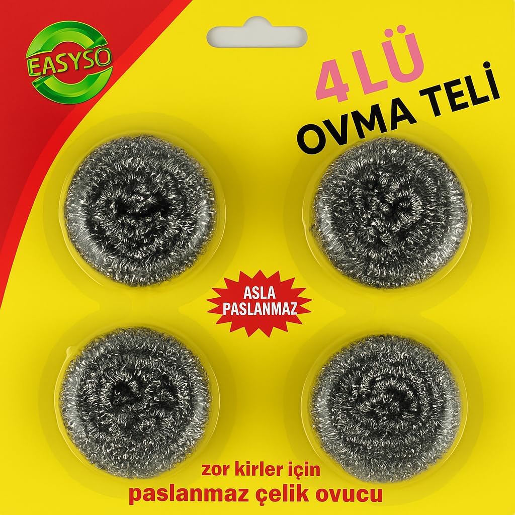 4’lü Paslanmaz Çelik Ovma Teli – Asla Paslanmaz, Zor Kirler İçin Güçlü Çelik Ovucu, Tencere Tava ve Mutfak Temizliği İçin Ekonomik Paket