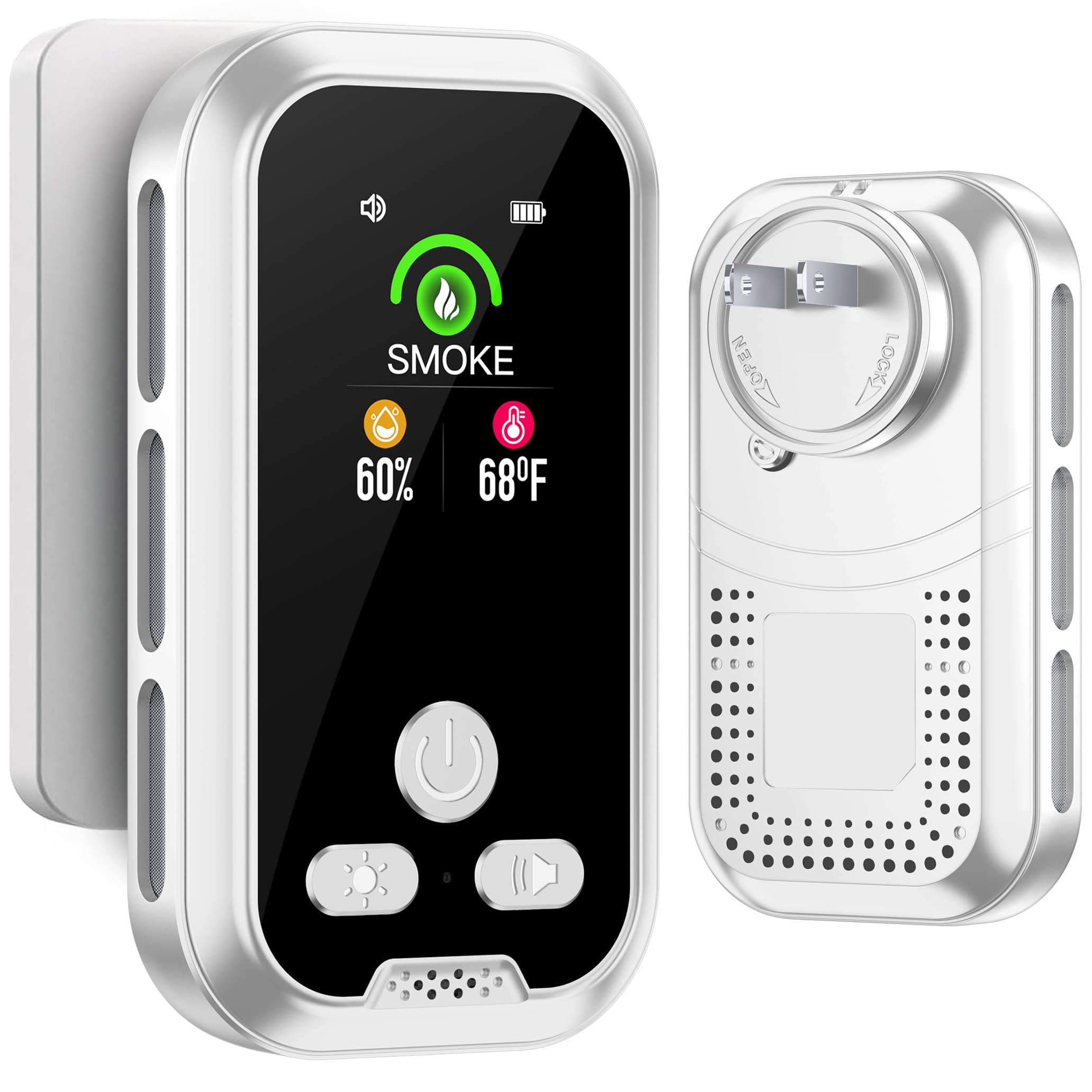 HAKINAKU 3in1 Plug in Smoke Detector Alarm Builti-in 2000mAh 10-Day Backup Battery with 2.1'' HD Screen [Smoke Temp Humidity Sensor] for Home Hotel Room Indoor/Outdoor Travel RV