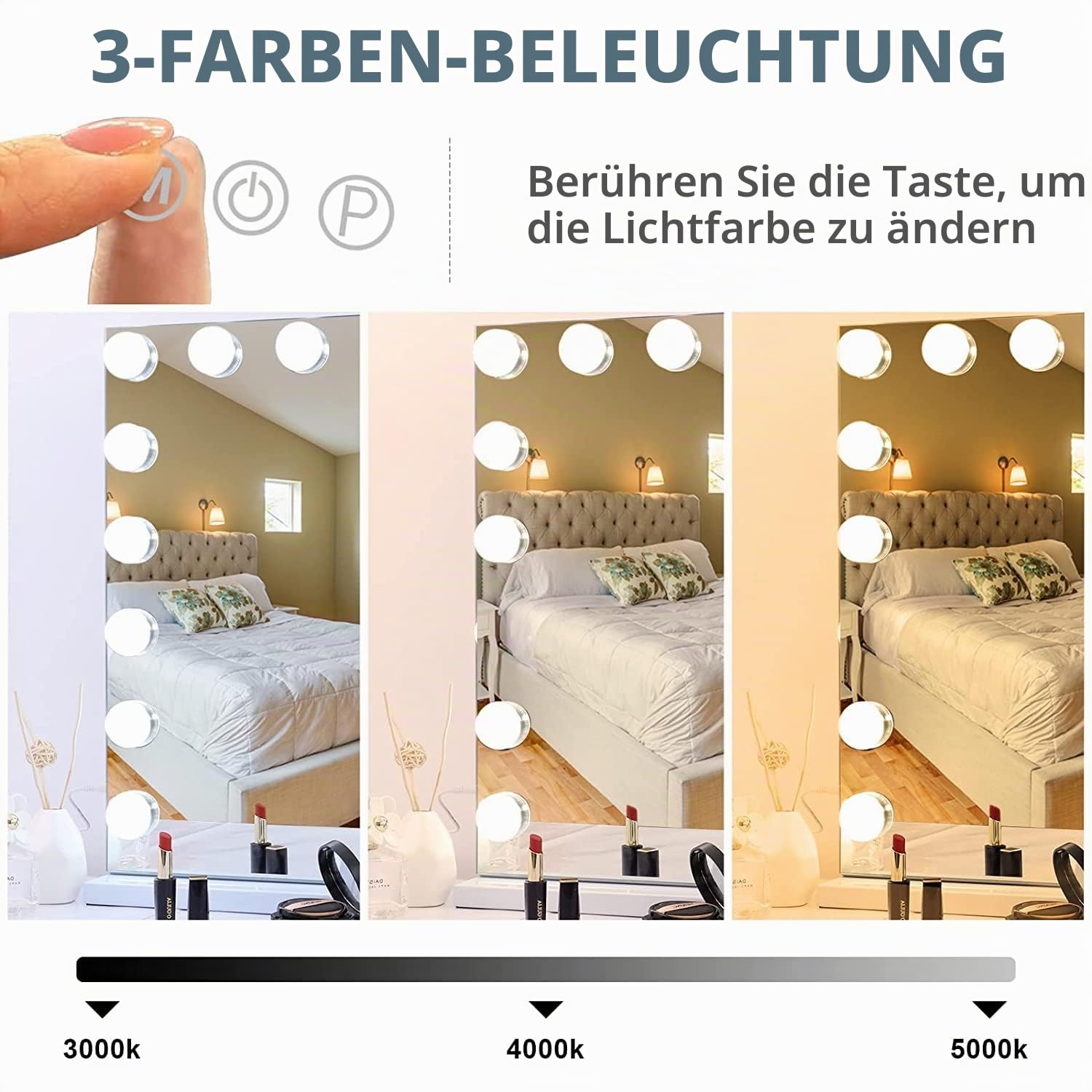 Hansong Großer Hollywood-Spiegel, 80 x 60 cm, Kosmetikspiegel mit 18 LED-Lampen, 3 Farben, Beleuchtungsmodus, Kosmetikspiegel mit USB-Ladeanschluss und 10-facher Lupe für Schlafzimmer