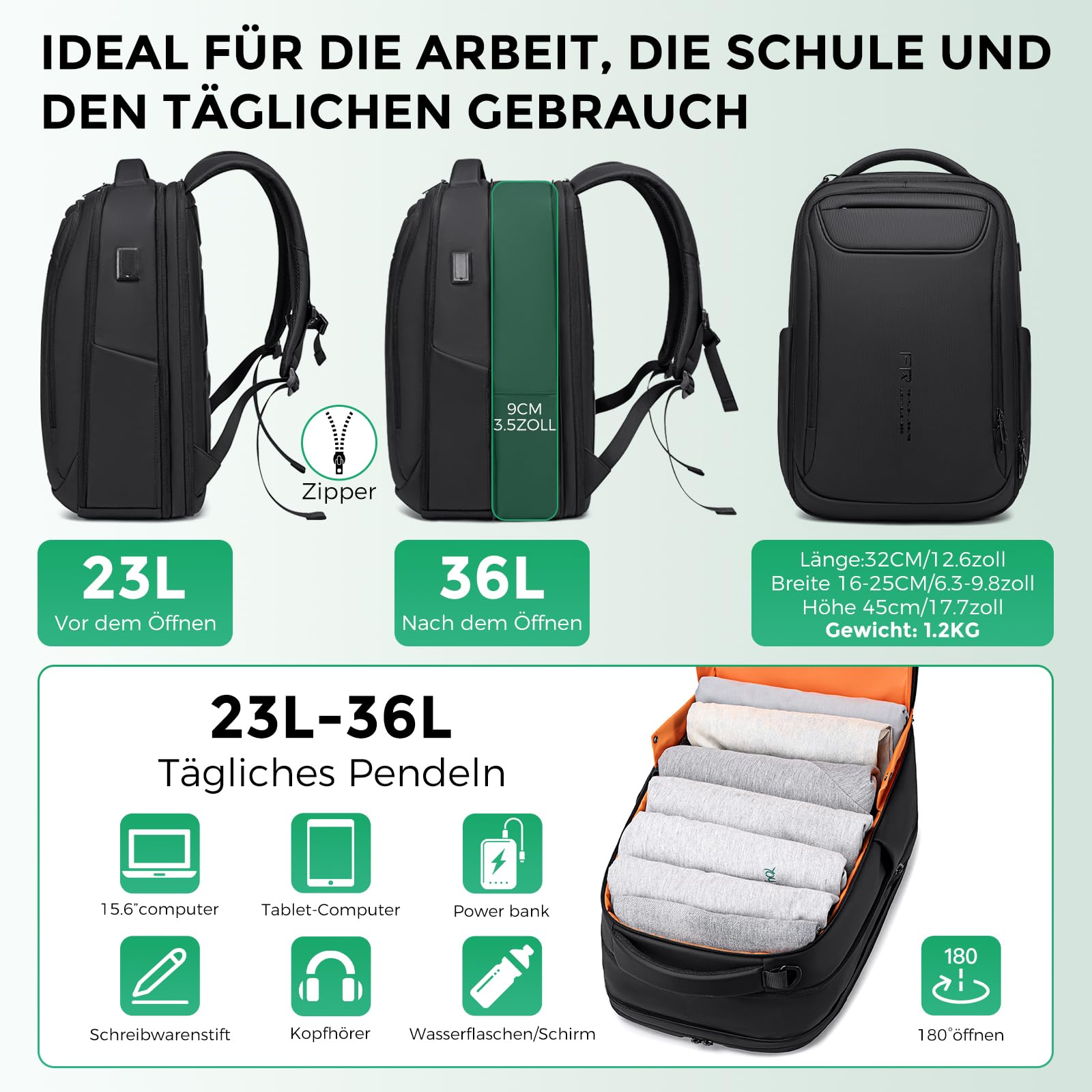 FFenree.geer Business Rucksack Herren 15,6 Zoll Laptop Rucksack, 1800D | USB-Anschluss Anti-Diebstahl Wasserdicht Office Backpack, Erweiterbar 26L-36L für Reiserucksack, Handgepäck & Tagesrucksäcke