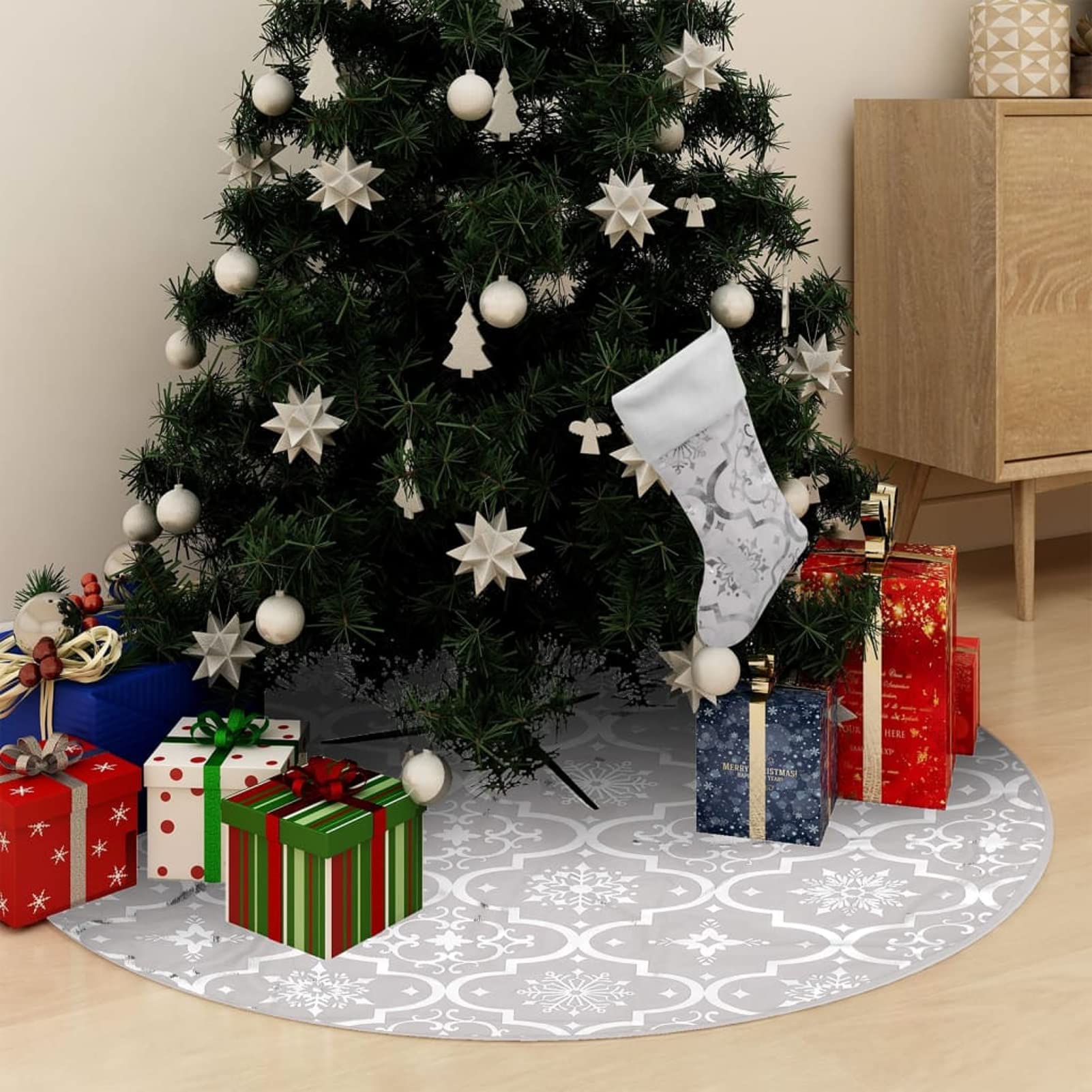 Gecheer Jupe de sapin de Noël de luxe et chaussette en tissu blanc 150 cm, couverture de sapin de Noël, jupes de décoration d'arbre de Noël ornements TY-1