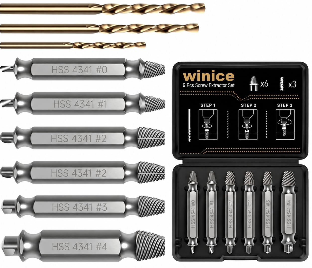 9PCS Screw Extractor Set with HSS M35 Cobalt Drill Bits (2mm, 3mm & 3.5mm)- 64-67 HRC – 6 Damaged Screw Extractors for Stripped, Broken, Rusted & Rounded Screws and Bolts – Easy Out Removal Kit