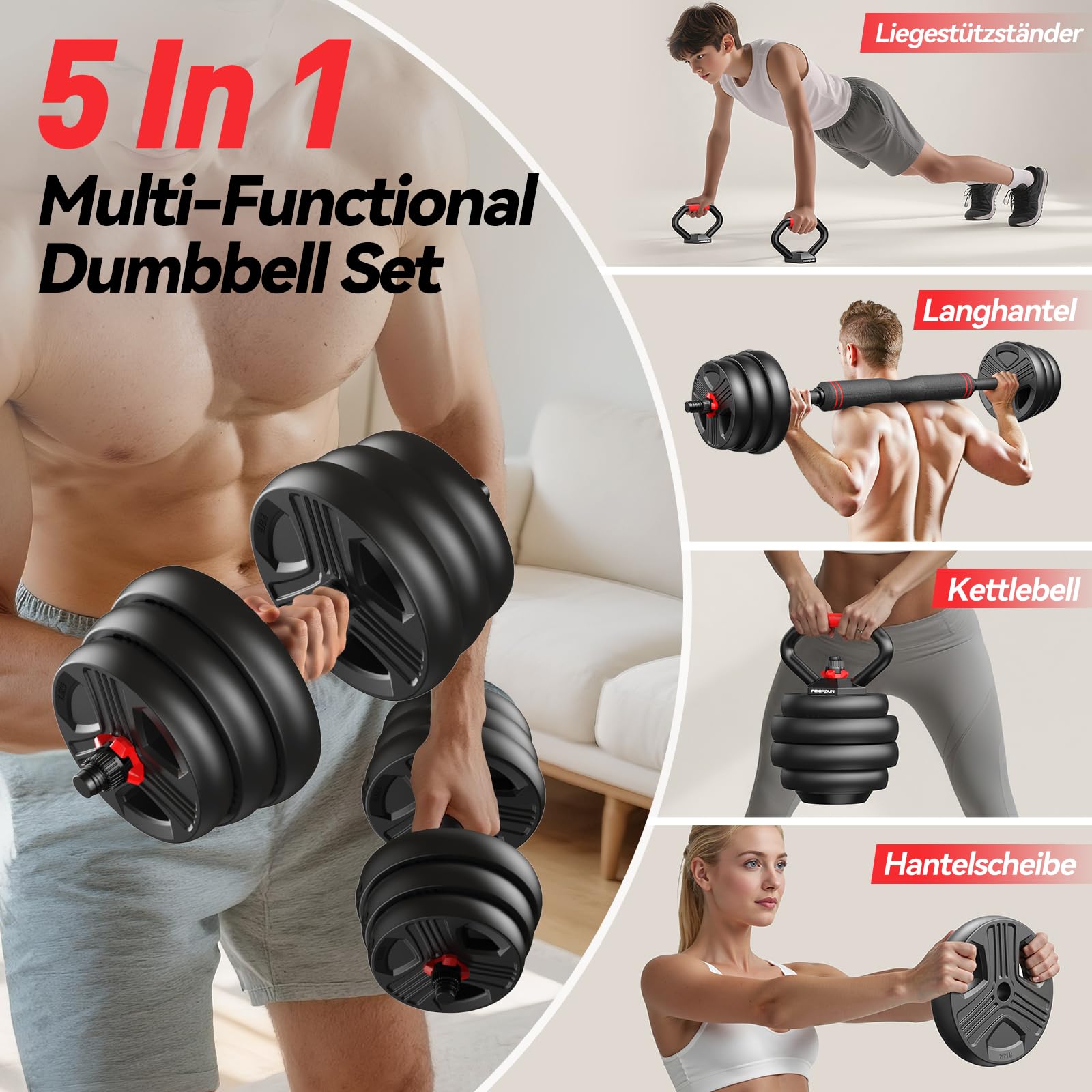 FEIERDUN 10kg-40kg Hanteln Verstellbar 2er Set, 5-in-1 Hantelset Dumbbell Set, Langhantel, Kettlebell, Liegestützständer für Ganzkörpertraining, Krafttraining für Männer und Frauen