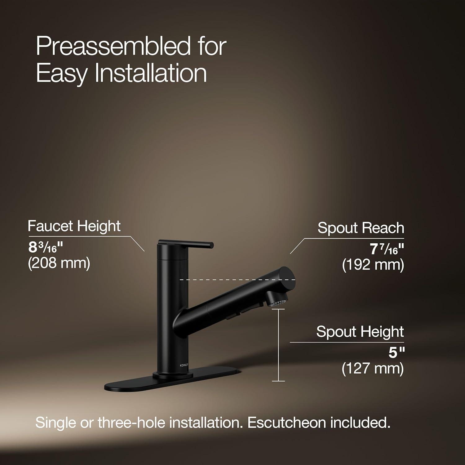 KOHLER 22976-BL Crue Pull-Out Kitchen Faucet, Pull Out Sprayer, Single-Handle Utility Faucet, Matte Black