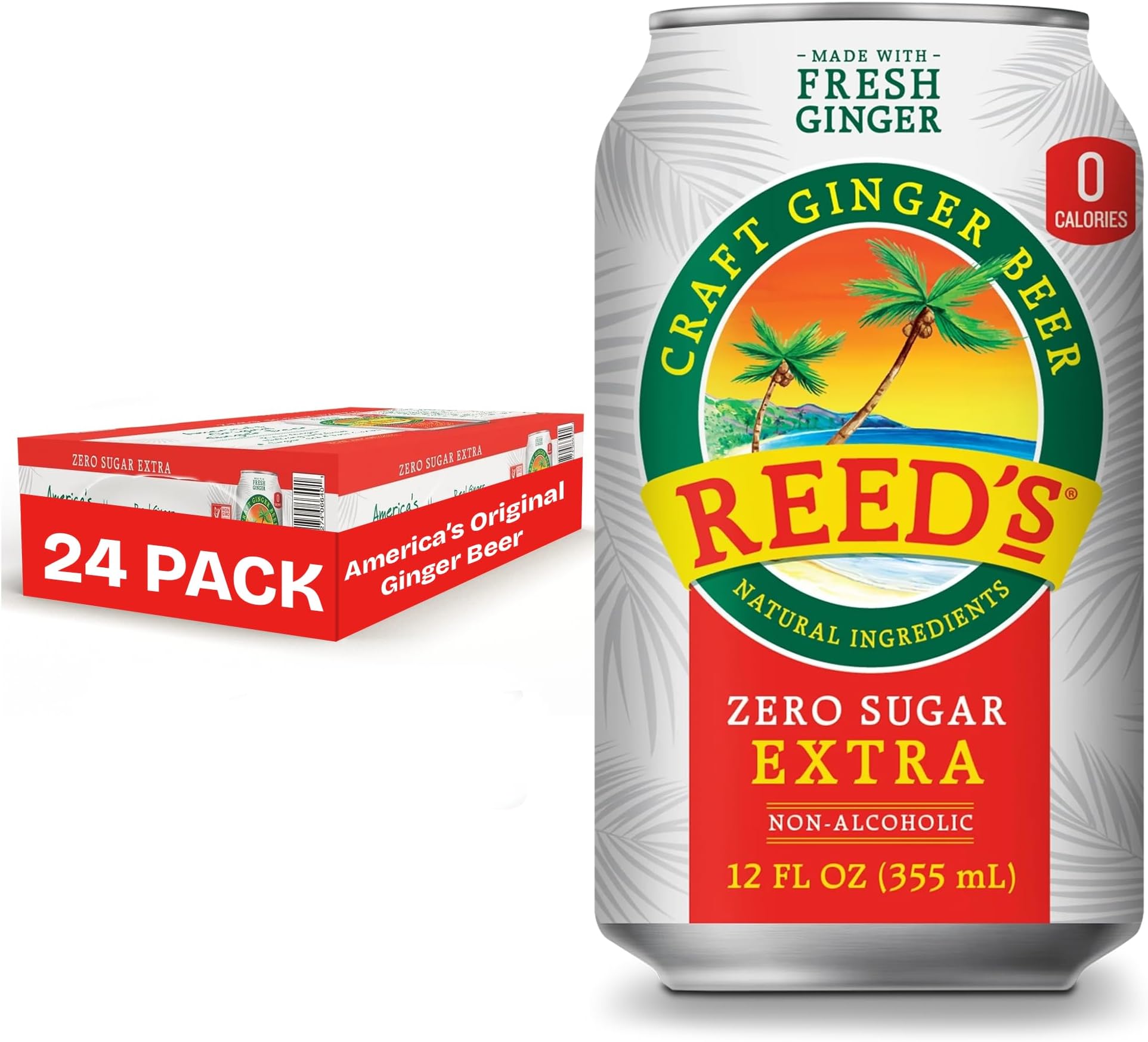 Reed's Zero Sugar Extra Ginger Beer, Pack of 24 (12fl oz Can each) - Non-Alcoholic Jamaican Real Ginger Brew, Sweetened w/Stevia - Ideal Moscow Mule Mix, Cocktails & Mocktails - No Artificial Flavors