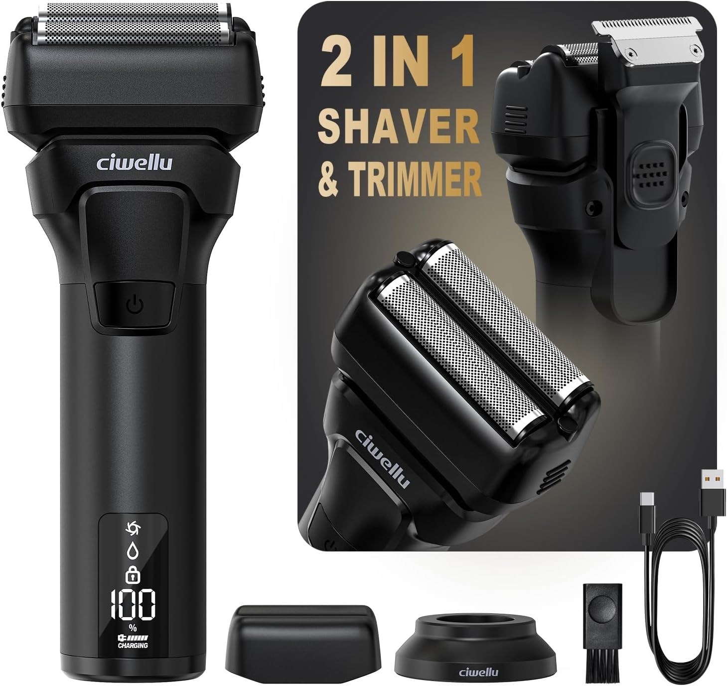 Foil Shaver for Men with Beard Trimmer, Electric Razor for Men's Face Close Shave, Cordless Waterproof Wet/Dry Shaver for Sensitive Skin, USB-C Rechargeable, Long Battery Life, Metal Body, Travel Lock