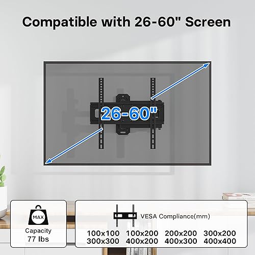 Miniatura 5 de BONTEC Soporte de pared para TV de movimiento completo para televisores planos y curvos LED LCD OLED de 26 a 60 pulgadas, giratorio e inclinable