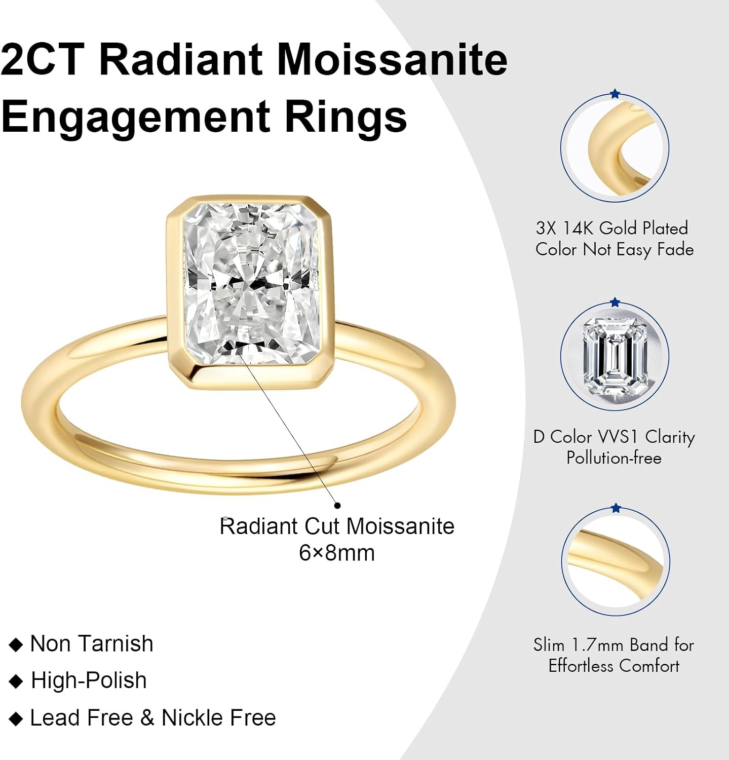 14k Gold Plated 925 Sterling Silver Emerald Cut Moissanite Travel Engagement Rings for Women (2 cttw, D Color, VVS1 Clarity, 3EX Cut) Non Tarnish Dainty Style