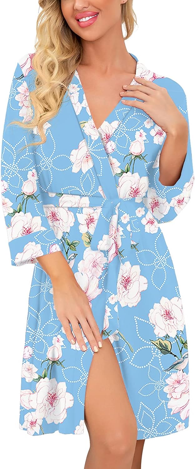 PrinStory Womens Robe Lightweight Short Knit Bathrobe Soft Ladies Sleepwear with Pockets