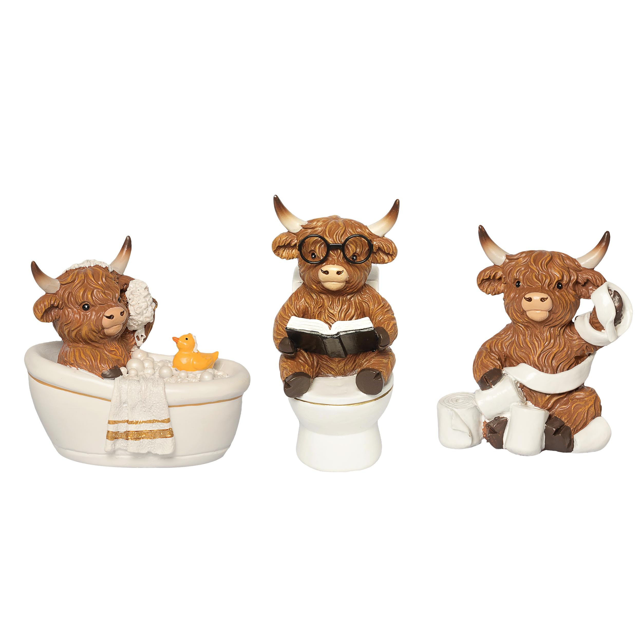 YeehaWhoo 3 Pcs Highland Cow Gifts, Highland Cow Ornaments, Highland Cow Figurines with Bathtub/Toilet/Tissue, Rustic Resin Ornaments Statue for bathroom accessories home decor