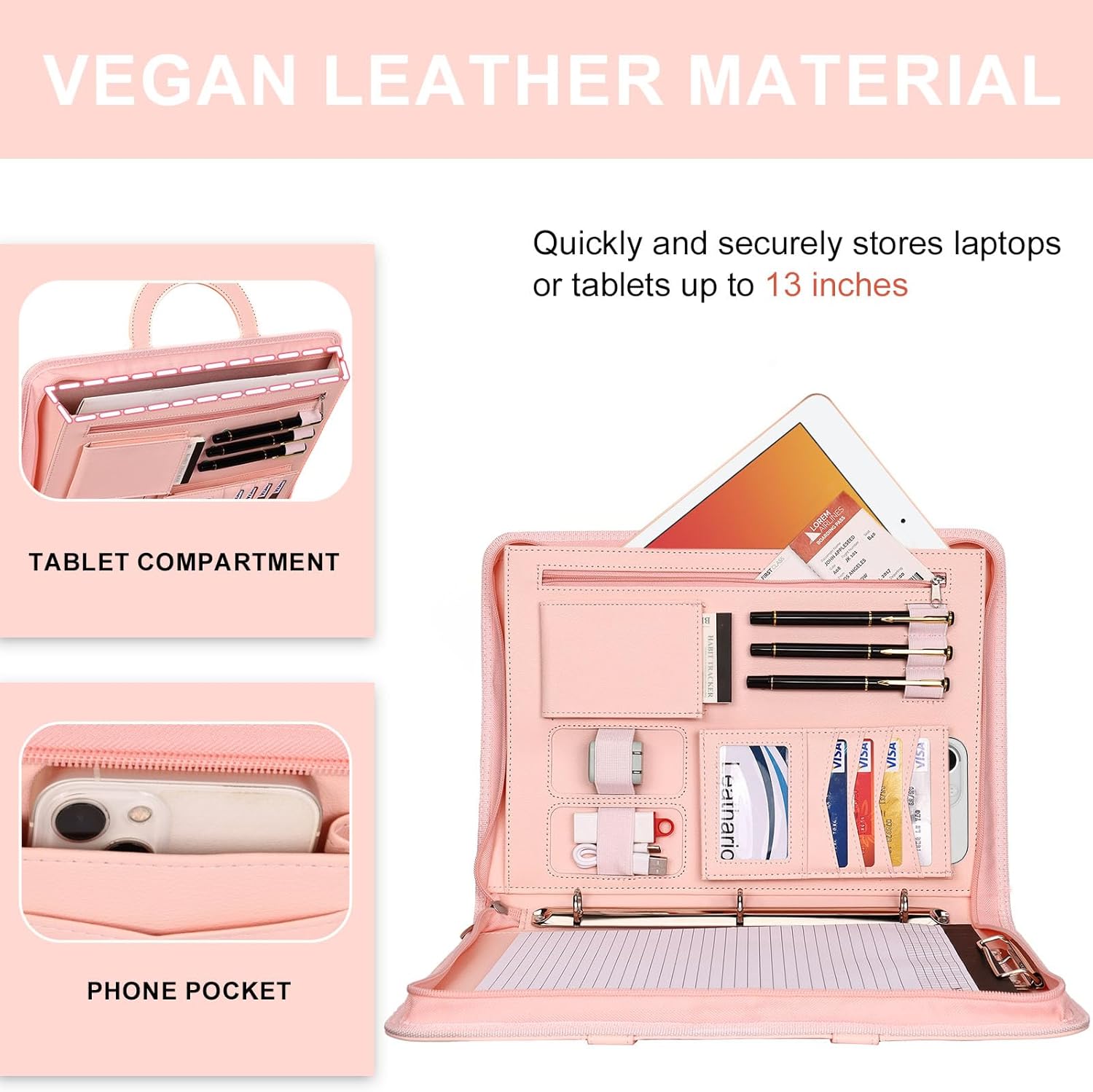 Leathario Portfolio Binder, Includes 5 Folder Index Dividers, 13 Inch Tablets Organizer with Handle, Vegan Leather A4 Padfolio, Multi-Pocket Notepad Business Planner Professional Document - Image 3