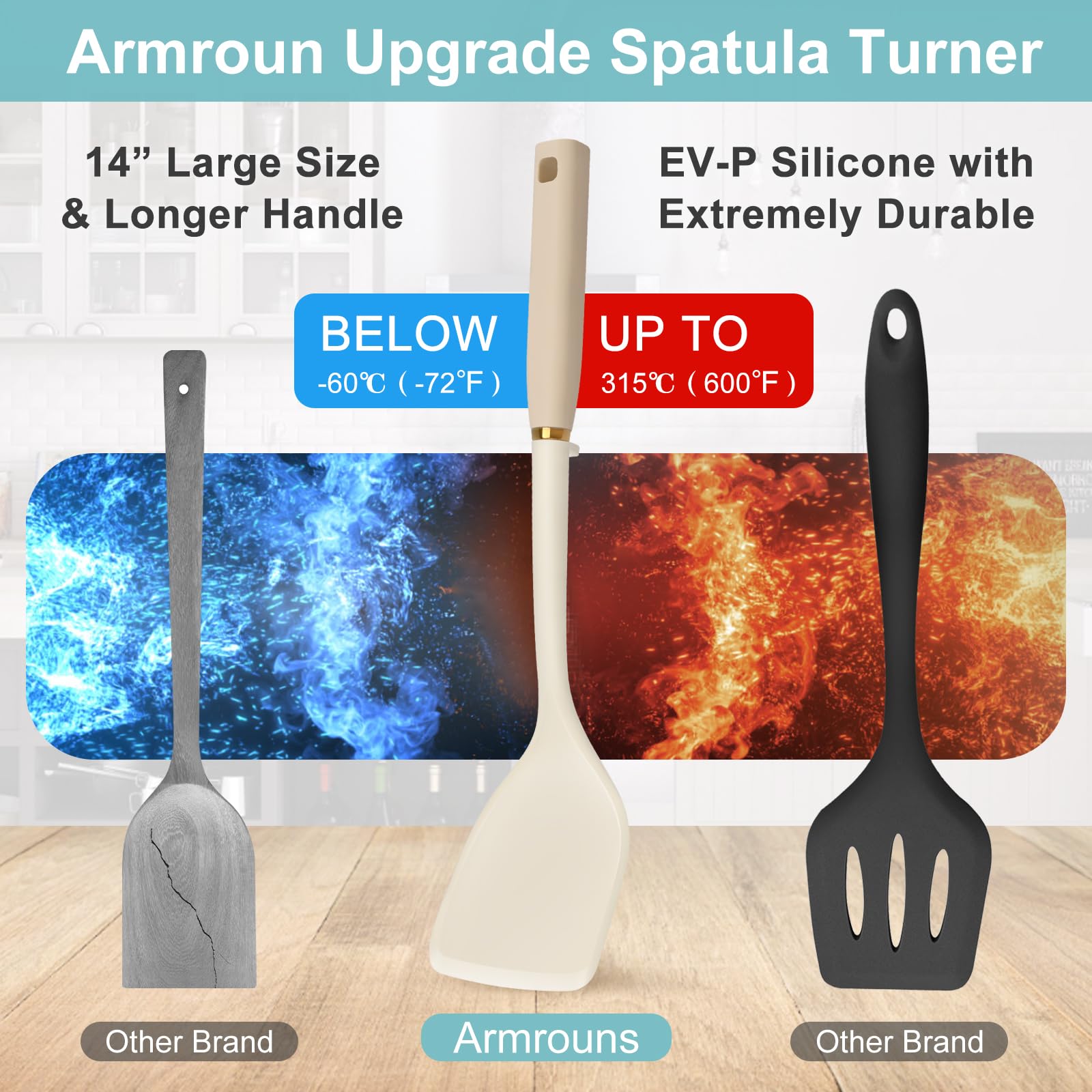 Armrous 35,6 cm massiver Silikon-Spatel, Pfannenwender, langer Griff, antihaftbeschichtet, zum Kochen, große Gummi-Flossen-Spatel, hitzebeständige Küchenutensilien, ideales Kochgeschirr für Fisch,