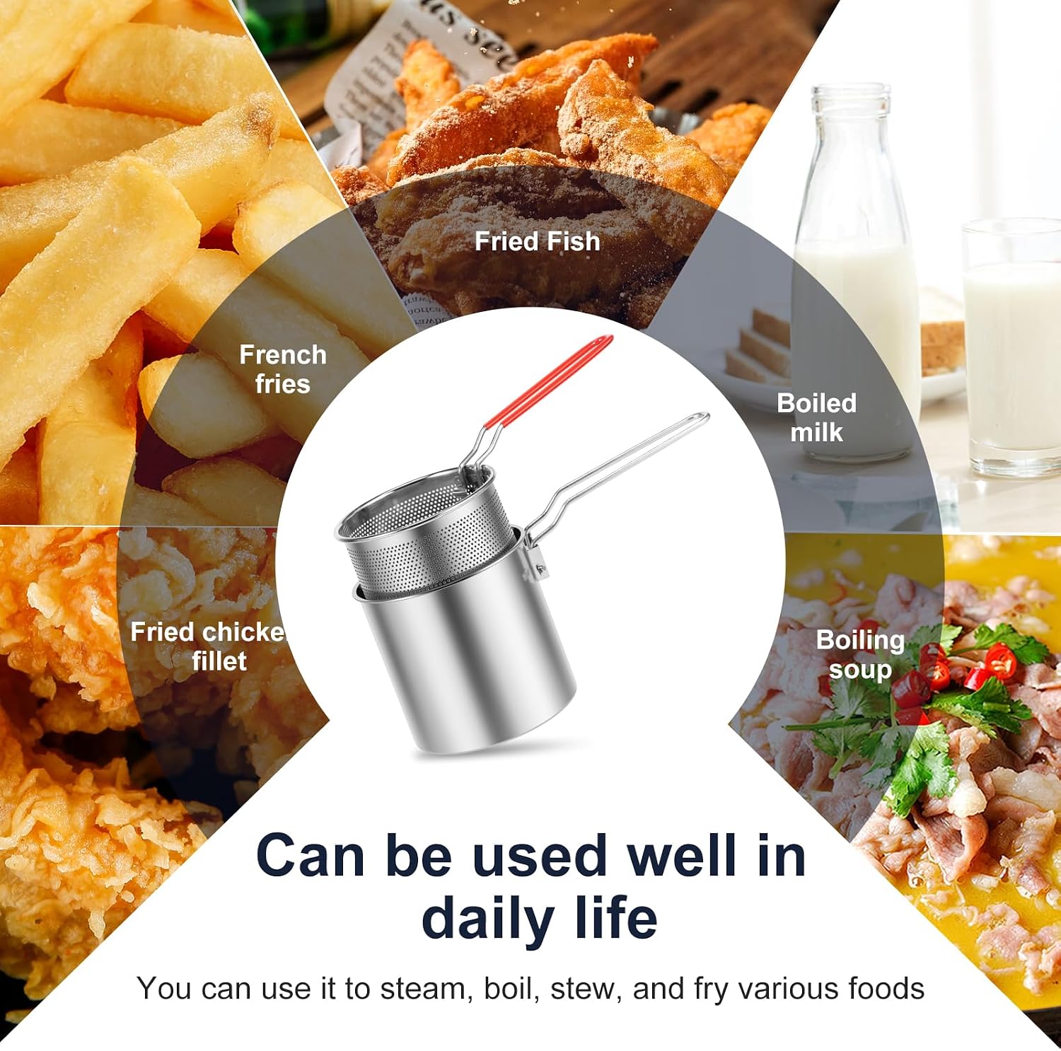 Deep Fryer Pot with Strainer Basket Stainless Steel Deep Frying Pot with Handle Good Heat Conductivity Oil Fryer Pot Portable Deep Frying Oil Container (Style3)