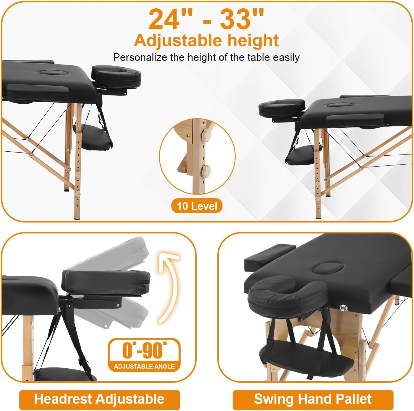 Massage Table Lash Bed 2-Fold Massage Bed Massage Tables Portable Tattoo Table Tattoo Bed with Face Hole, Extra Bag, Swing-Out Hand Tray and Armrests, Black
