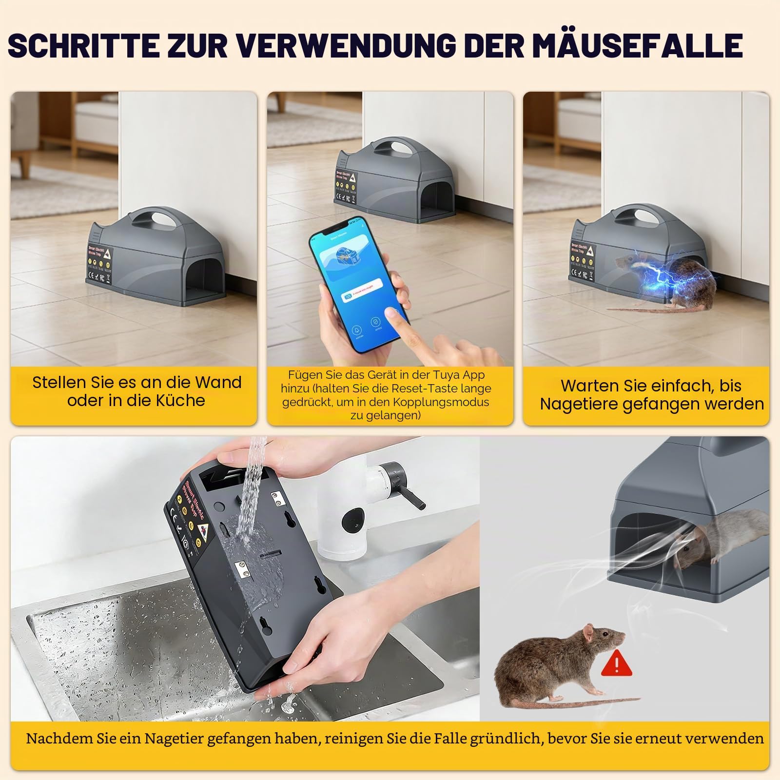 Rattenfalle Elektrisch, Elektrische Mausefalle mit 6000V Hochspannung, Smart-Fernwarnung und Überwachung, Wiederverwendbar, Wirksam für Ratten & Mäuse, Kompatibel mit IOS & Android