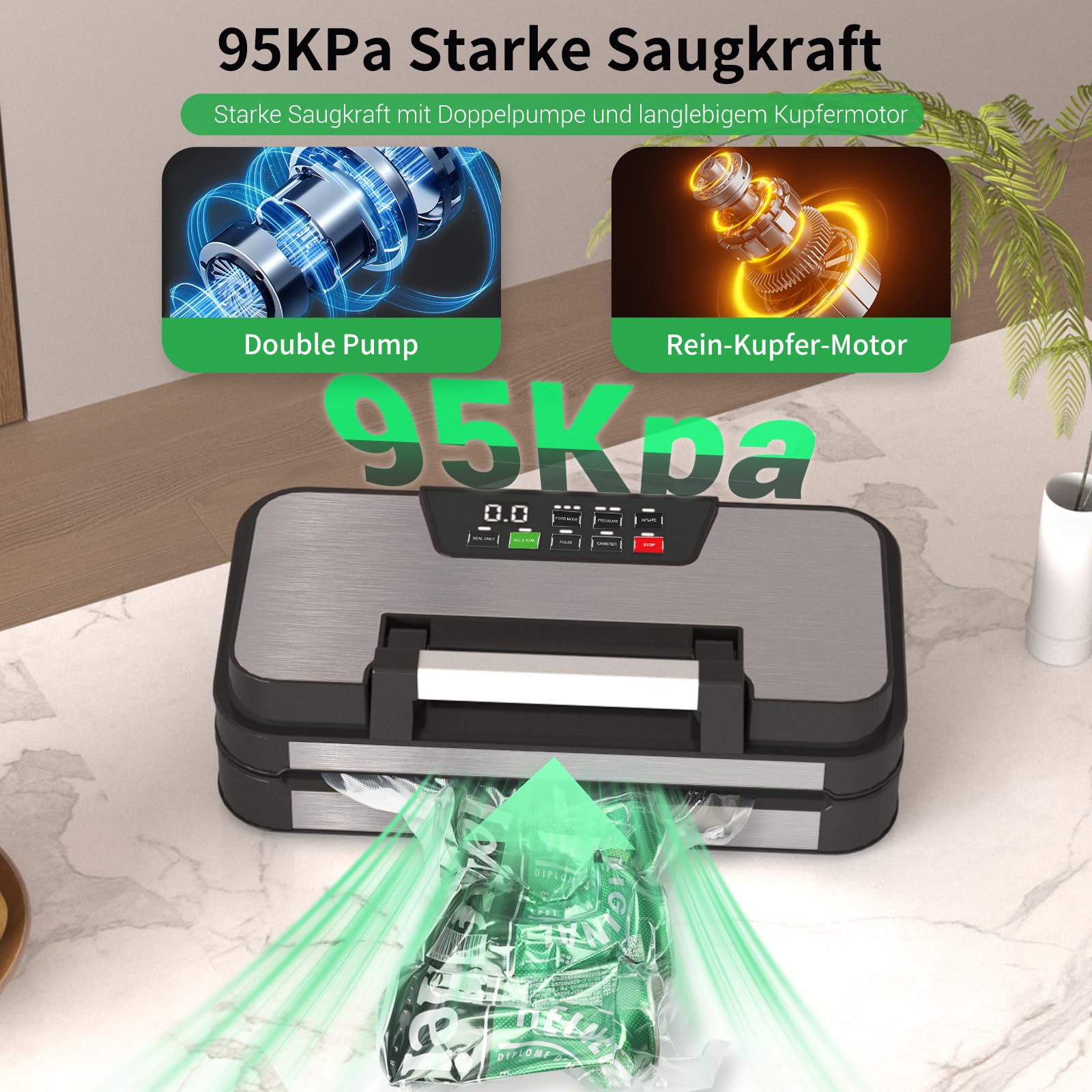 Vakuumiergerät 95kPa Saugkraft 10-in-1 doppelte Heißsiegelung integriertes Schneidemesser Beutelhalterung Easy-Lock-Griff 2 Beutelrollen