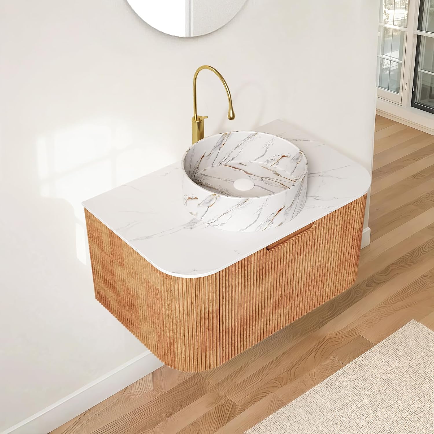 30 Inch Floating Bathroom Vanity with Sink, Modern Wall-Mounted Fluted Bathroom Storage Cabinet with Artificial Marble Texture Counter Top and Stone Pattern Ceramic Sink,Nature Wood