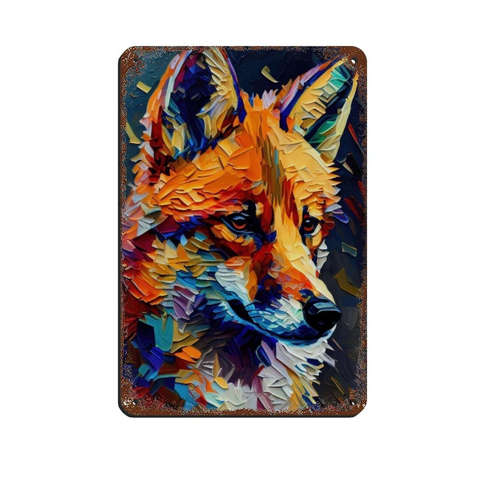 Fox Oil Painting Poster Retro Poster Metal Tin Sign Chic Art Retro Iron Painting Bar People Cave Cafe Family Garage Poster Wall Decoration 8x12inch(20x30cm)