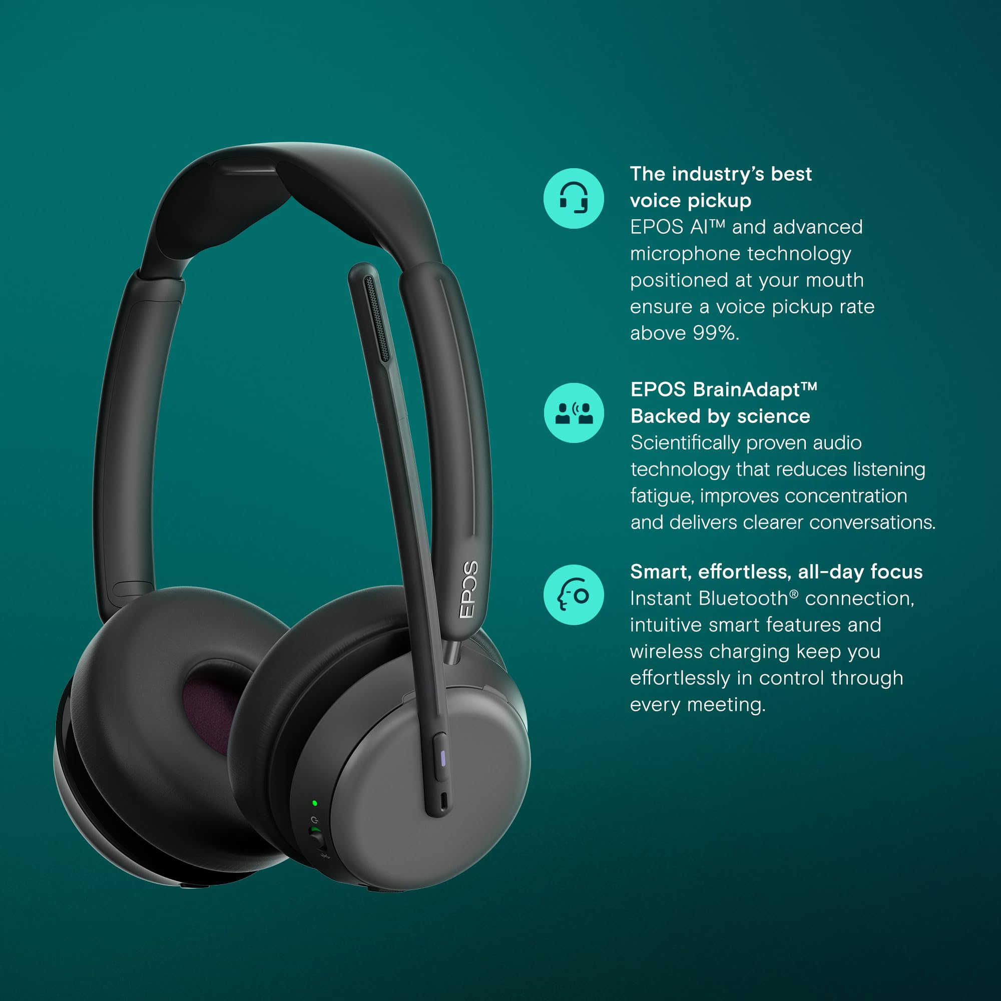 EPOS Impact 1000 MS UC ANC – Casque Bluetooth sans Fil avec Station de Charge et Adaptateur USB-C + USB-A pour PC et Mac | Microphone IA avec Réduction de Bruit et Certification Microsoft Teams