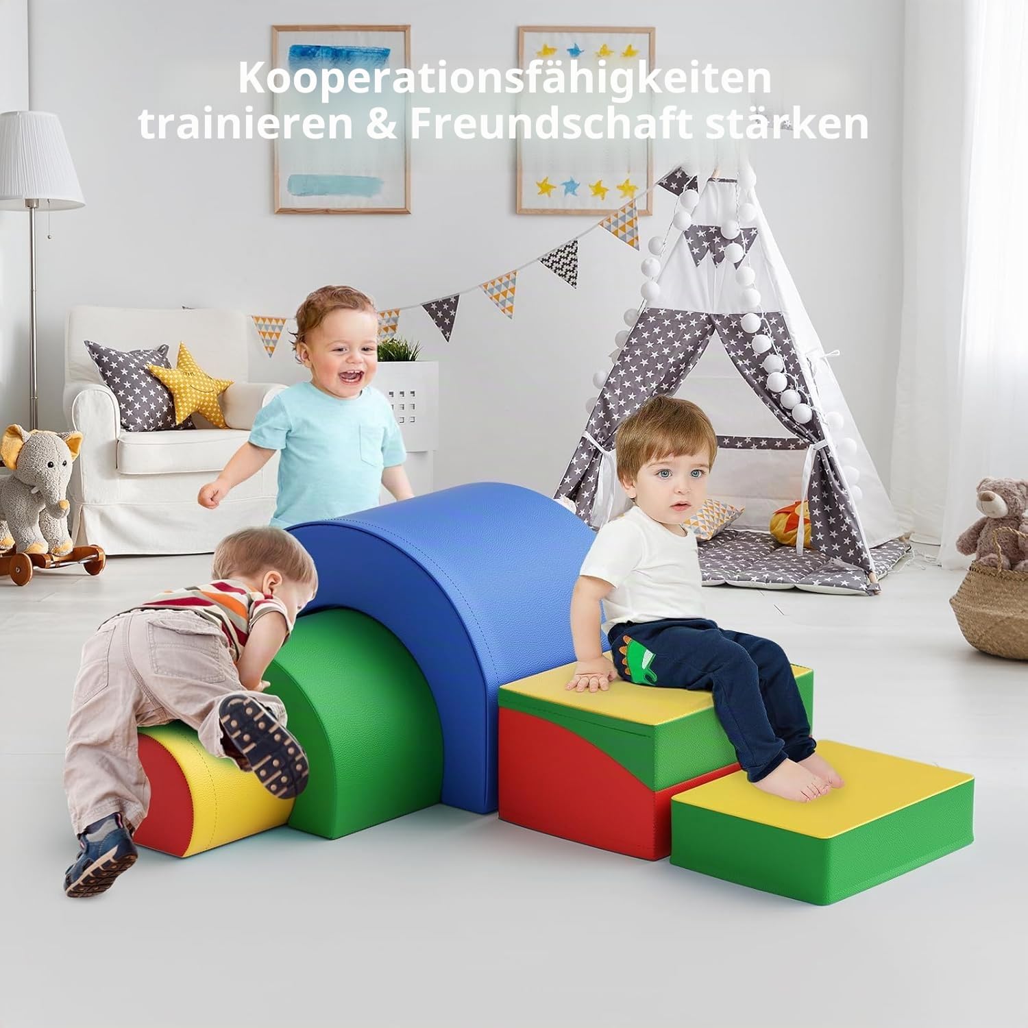 5-teiliges Weiches Baby Kletter-Set mit Krabbeltunnel & Rutsche, Motorikspielzeug ab 1 Jahr, Bunte Schaumstoff-Bausteine für Kinder, Sicher & Leicht, Fördert Kreativität & Bewegung