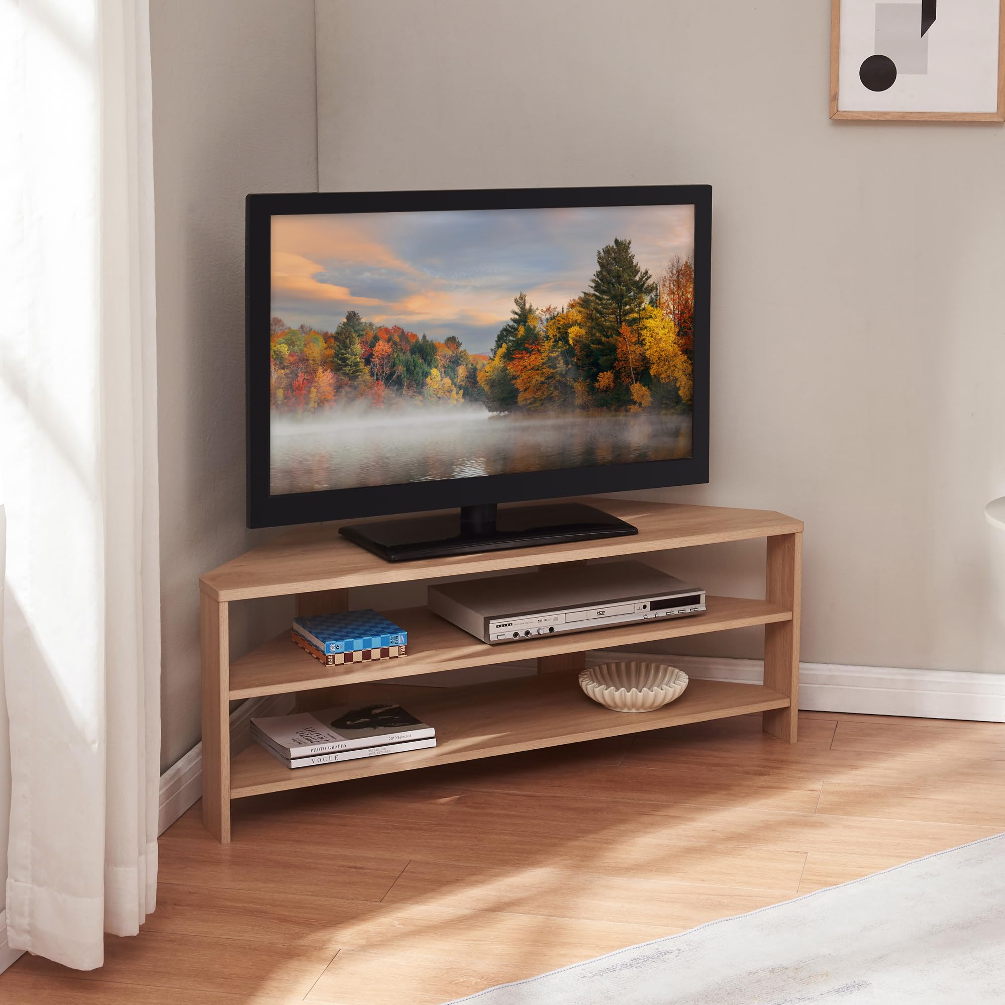 [en.casa] Mobile Porta TV con 2 Ripiani Tavolo Basso Aperto Espositore Angolare Stand Multimediale per Soggiorno Studio 110 x 36 x 42 cm - Effetto Rovere