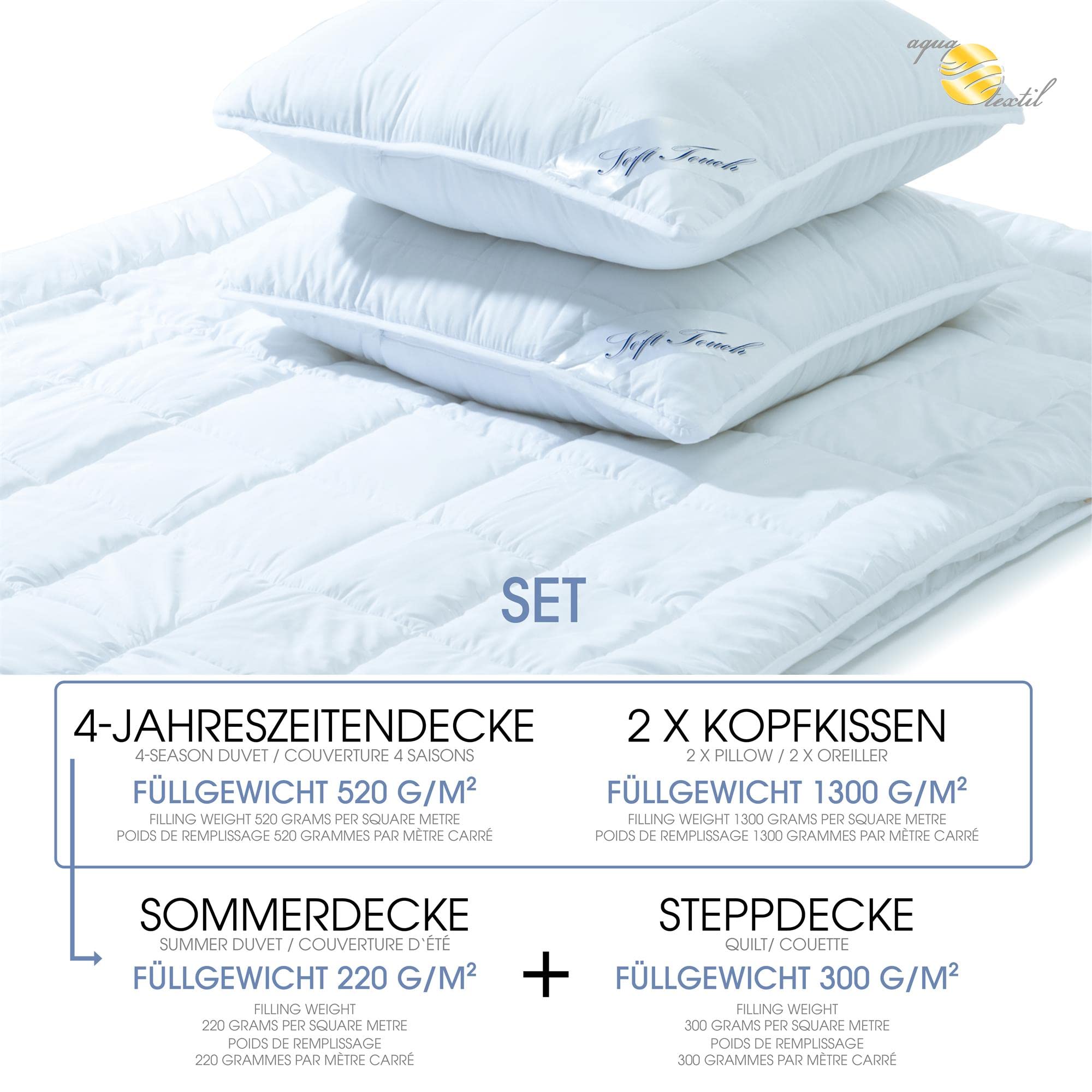 aqua-textil Soft Touch Bettdecke 4 Jahreszeiten 200 x 200 cm Set inkl 2X Kopfkissen 80 x 80 cm Winter Sommer Steppdecke Oeko-TEX