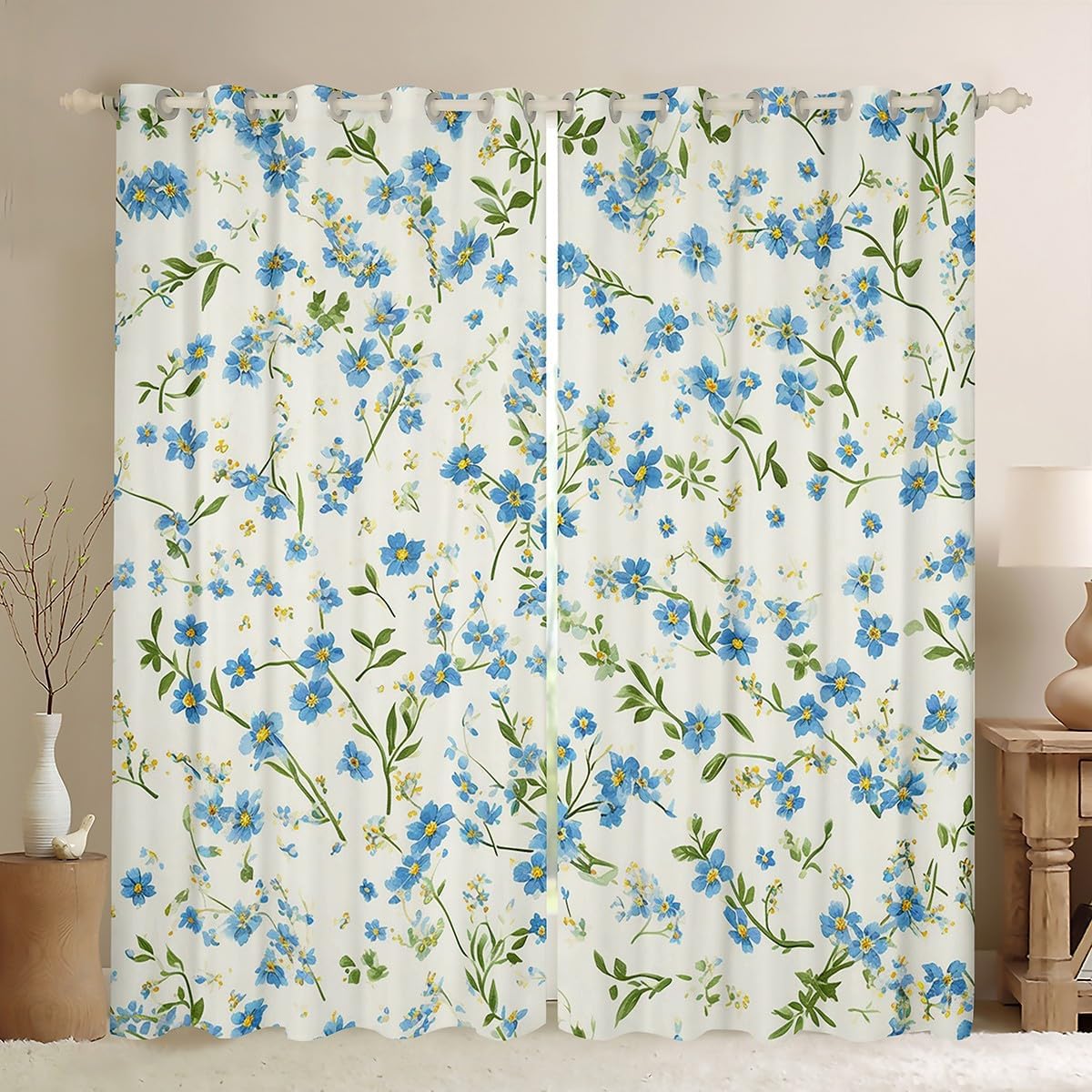 Boho Floral Blackout Curtains,Blue Yellow Flowers Print Colorful Kitchen Window Treatments,Leaves Botanical Ink Painting Window Drapes for Home Decor, 2 Panels,42Wx63L inch