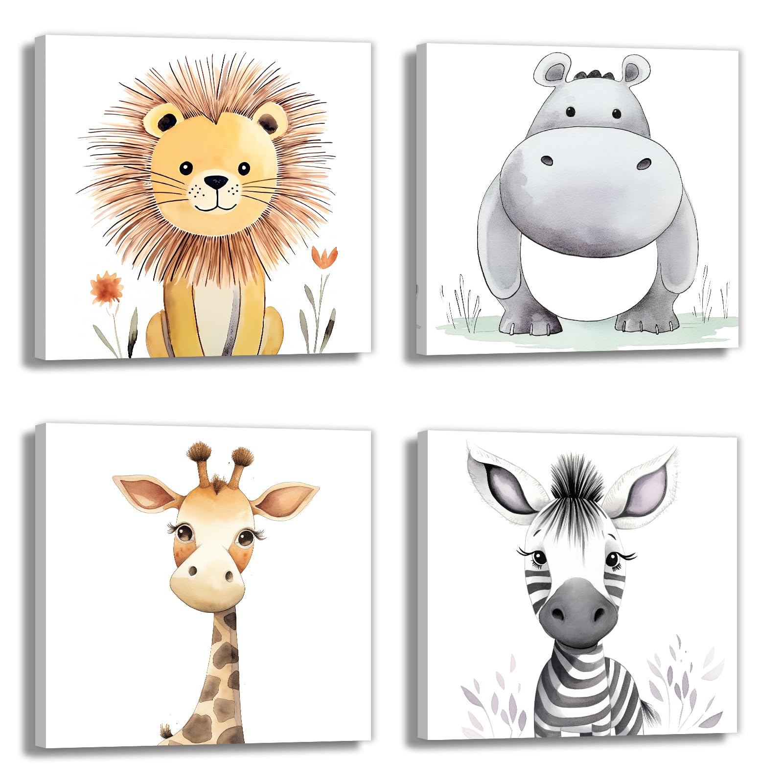 4-Piece Nursery Wall Art Set - Cute Animal Canvas Prints (Lion, Hippo, Donkey, Giraffe) For Baby Room - View #3