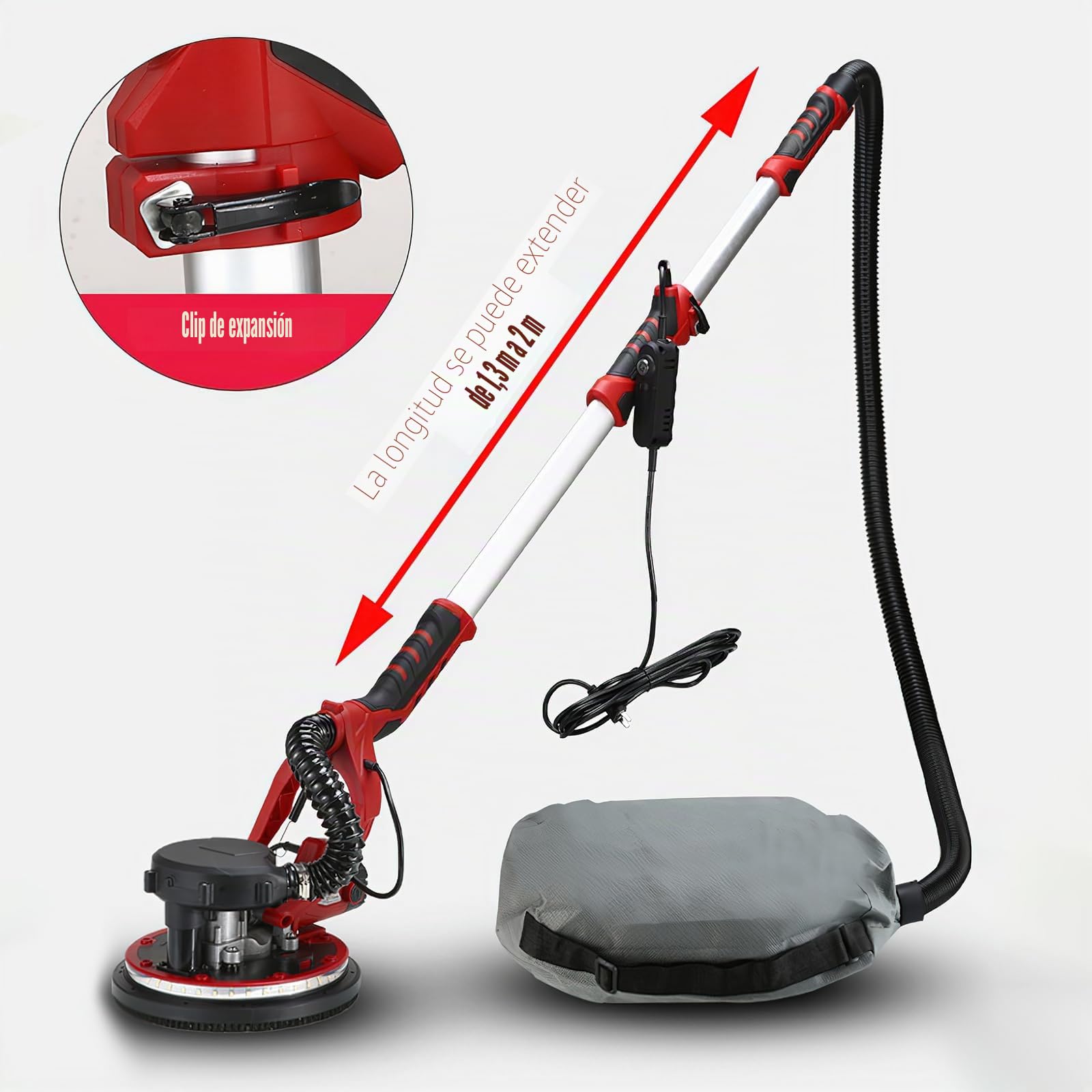 Lijadora jirafa con aspiradora 1390 W, lijadora Placo 225 MM, iluminación LED, 2800 RPM, 6 velocidades variables, jirafa lijadora para pared y techo (rojo)