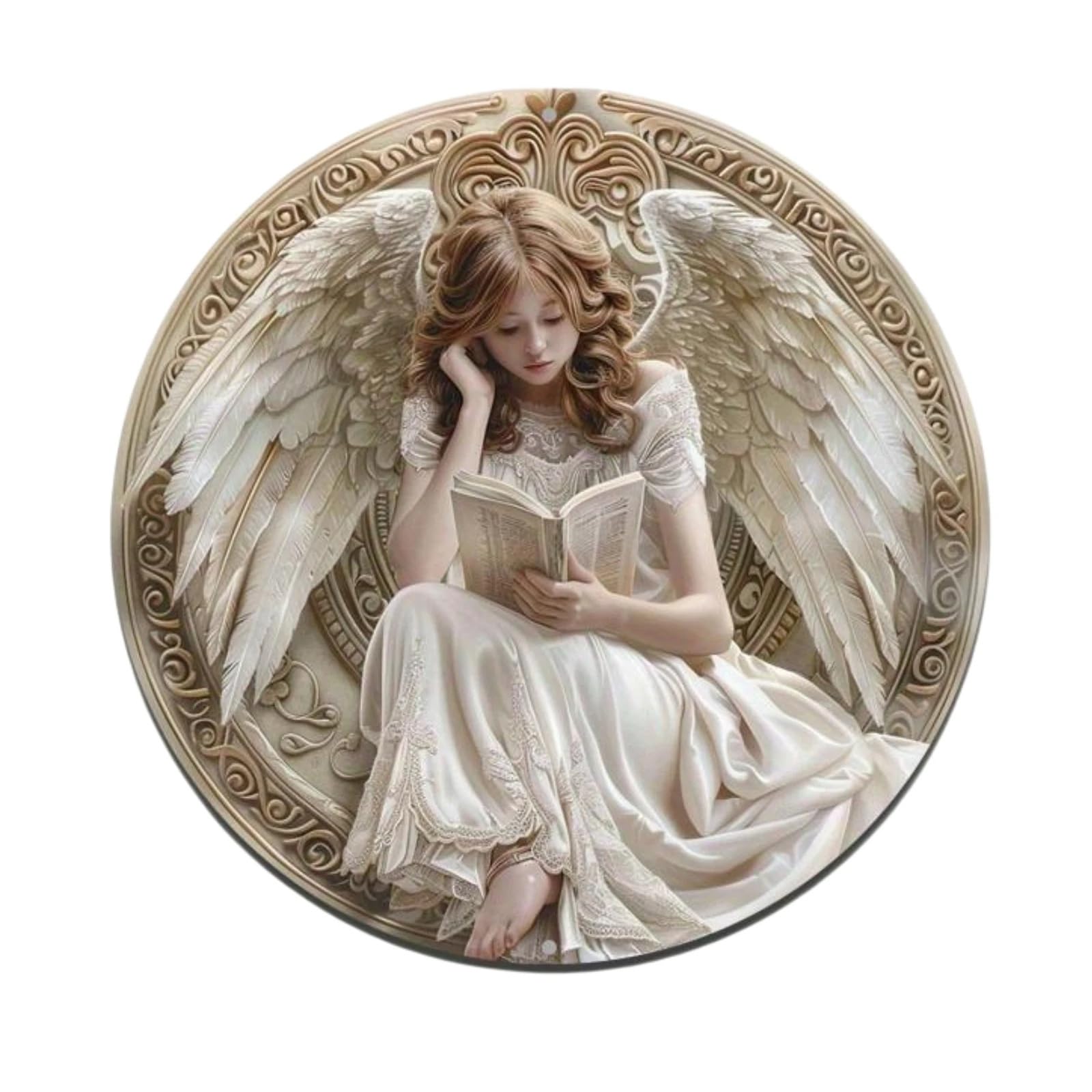 Artistic Angelic Reading Book Theme Round Sign Wall Hanging Ornament Wooden Front Door Plaques Farmhouse Decoration Gift Round Wall Hanging Plaques