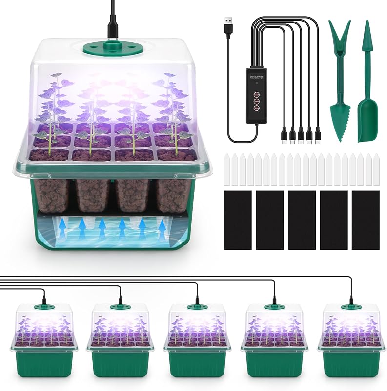 Self-Watering Seed Starter Tray with Grow Light, 5 Pack 60 Cells | 3 Color Modes & Timer, Seed Starter Kit with 3.9" Humidity Dome, Seedling Tray for Indoor Plant Starter, Seed Germination